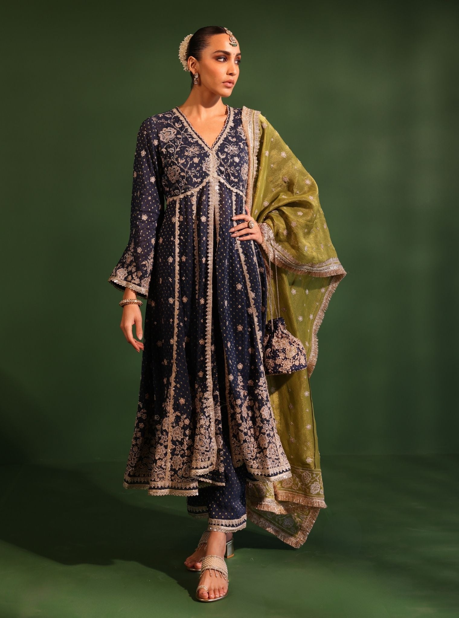 Mulmul Banarsi Rangeela Navy Anarkali Kurta With Mulmul Banarsi Rangeela Navy Pant