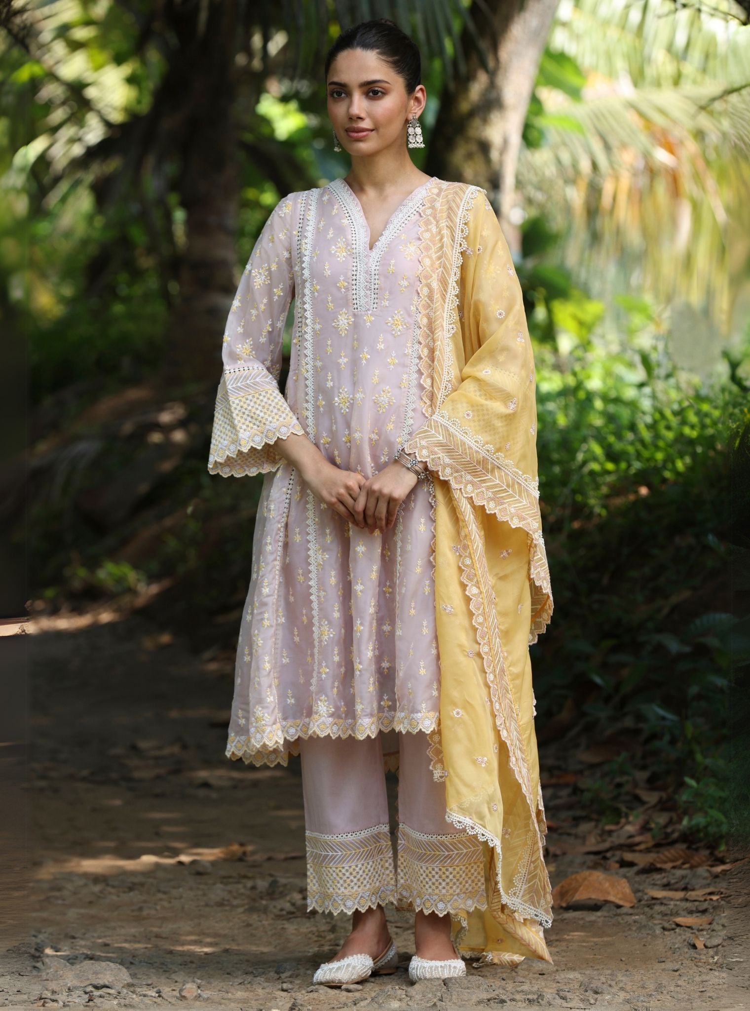 Mulmul Organza Smitha Dusty Pink Anarkali Kurta With Mulmul Cotton Smitha Dusty Pink Pant