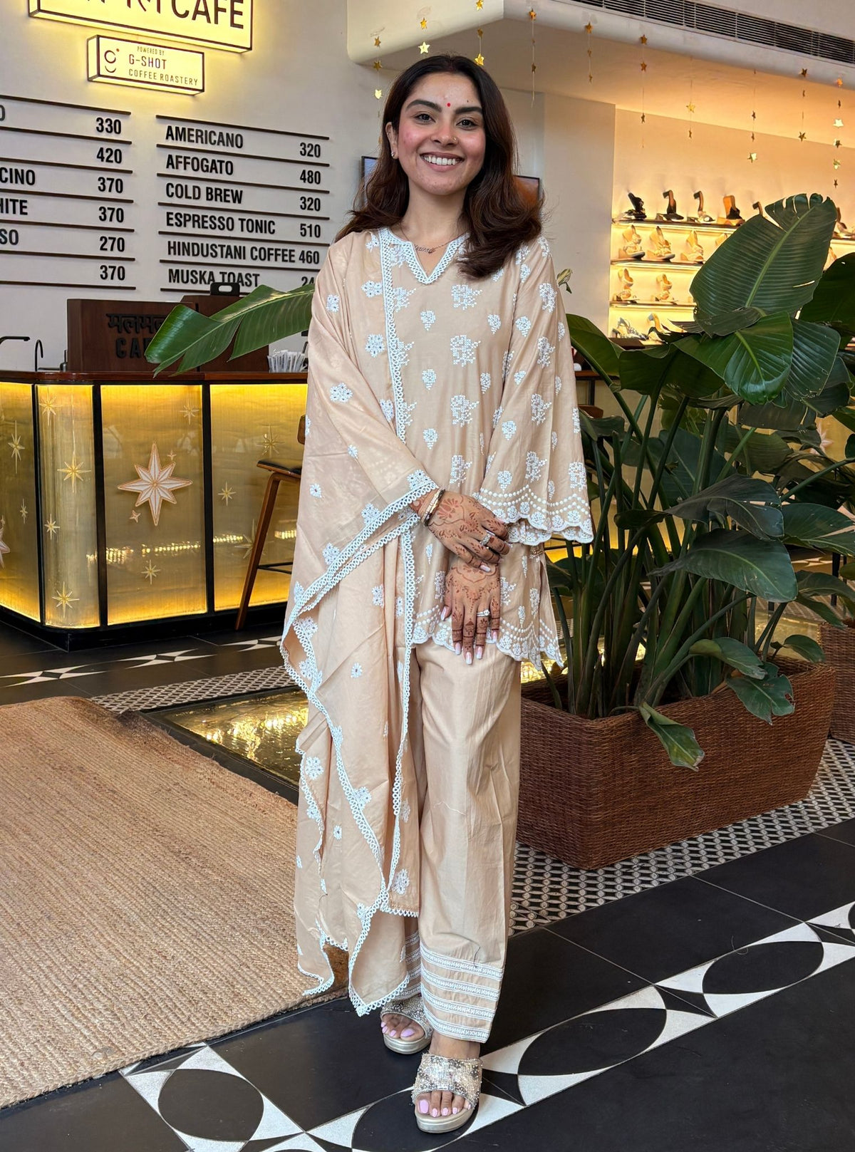 Aviya Supima Cotton Beige Kurta With Farshi Salwar