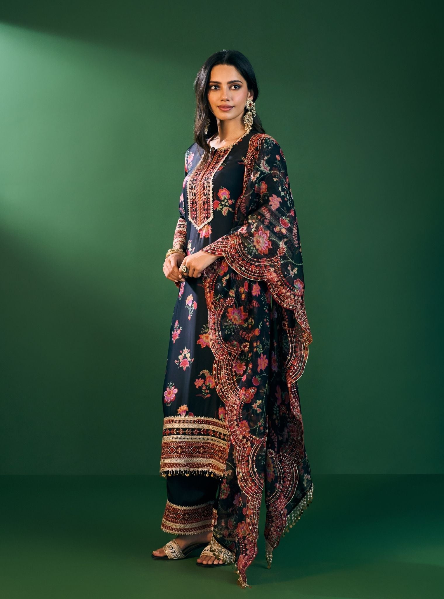 Ovia Cupro Satin Printed Black Kurta Set