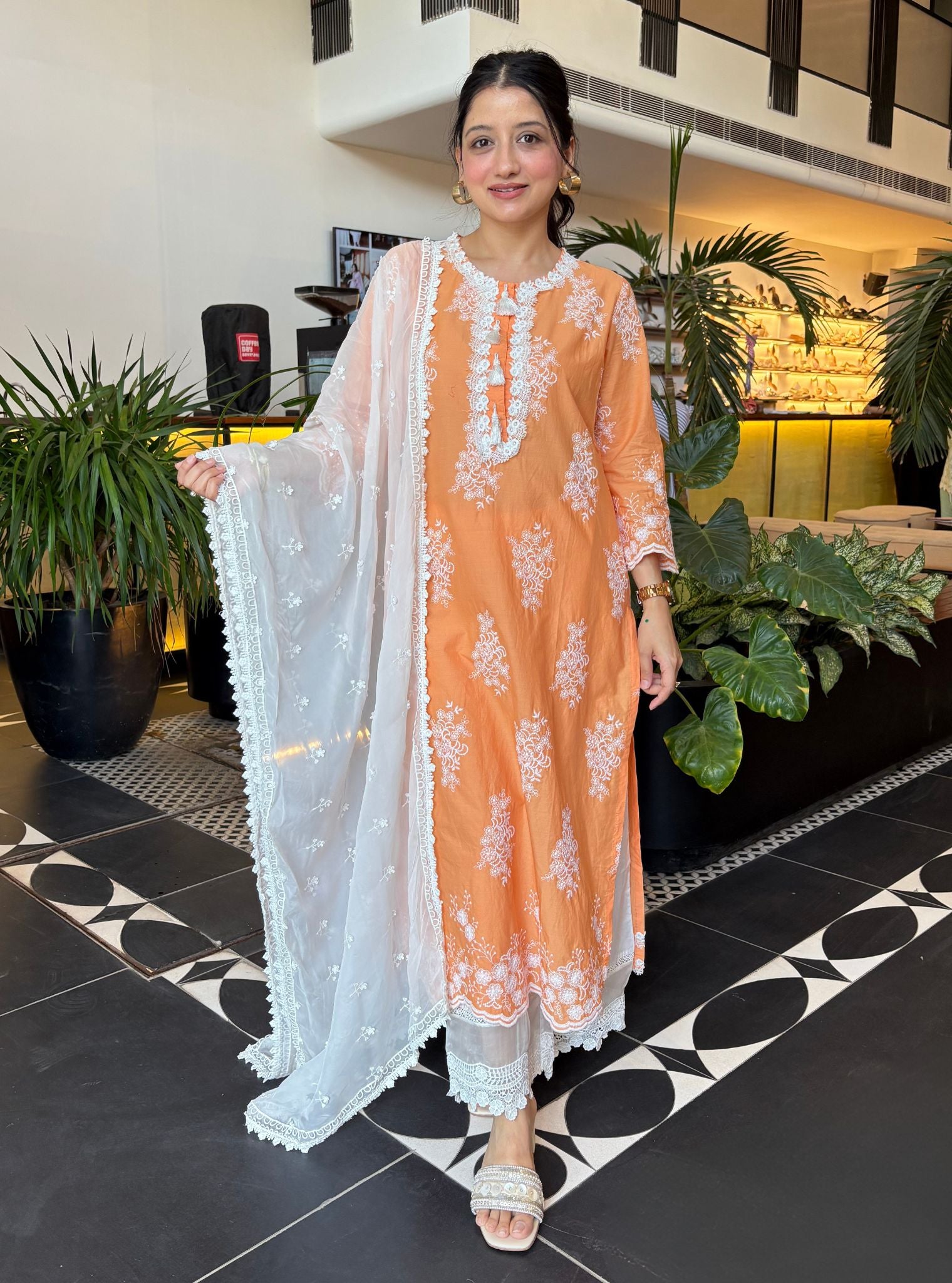 Mulmul Cotton Perla Orange Kurta With Floral Lace Flared White Pant