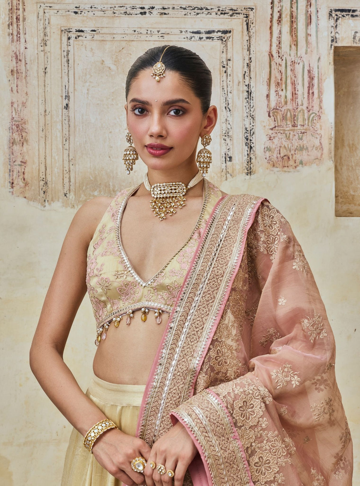 Saavri Bemberg Giraffe White Gold Lehenga