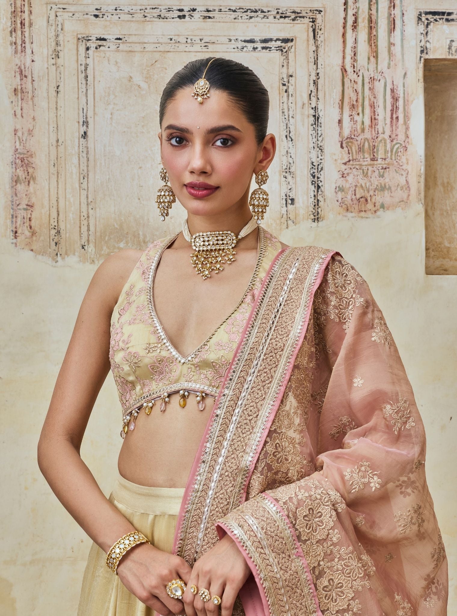 Saavri Bemberg Giraffe White Gold Lehenga