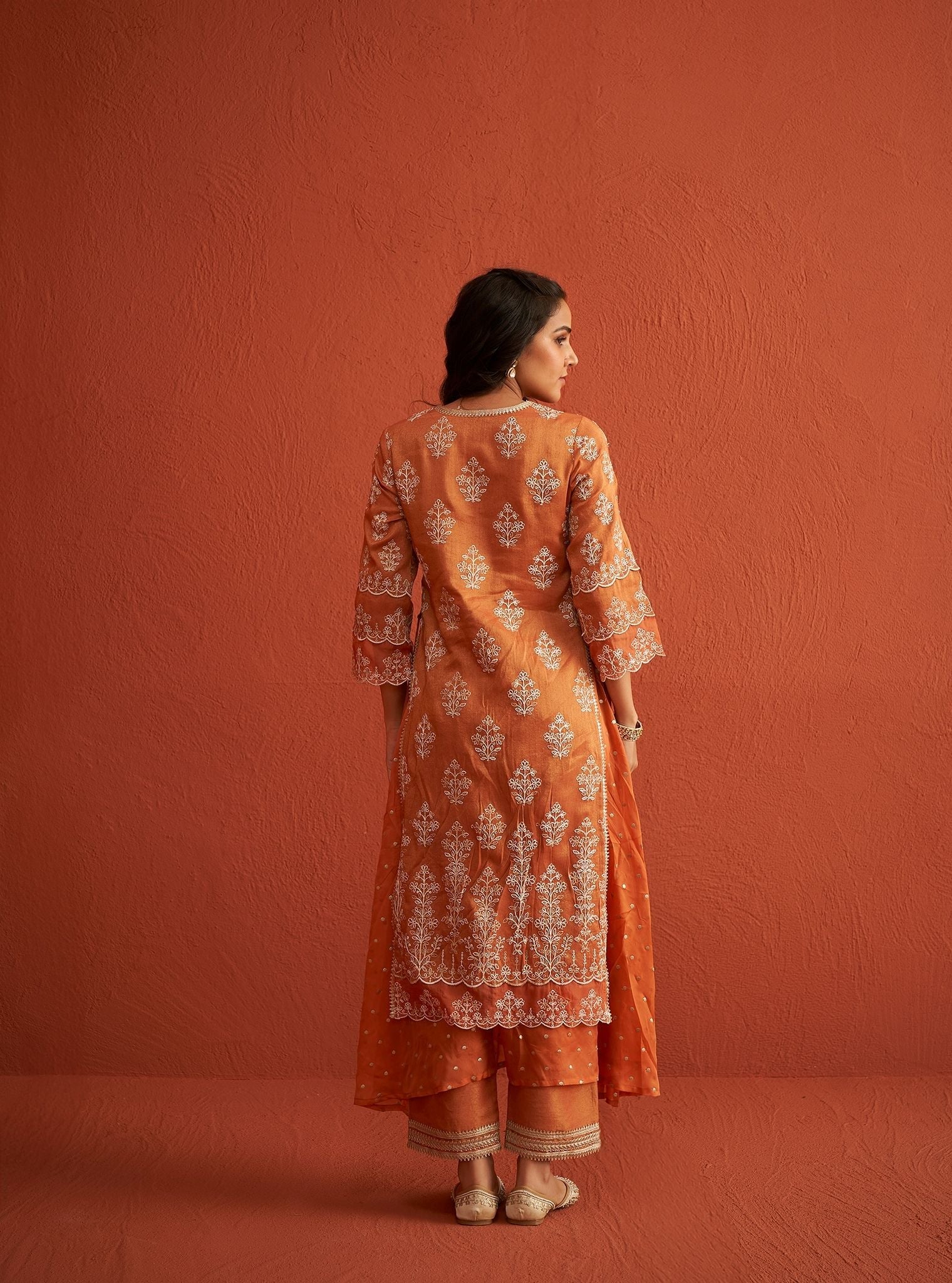 Mulmul Tissue Linen Satin Evelina Burnt Orange Kurta With Mulmul Tissue Linen Satin Evelina Burnt Orange Pant