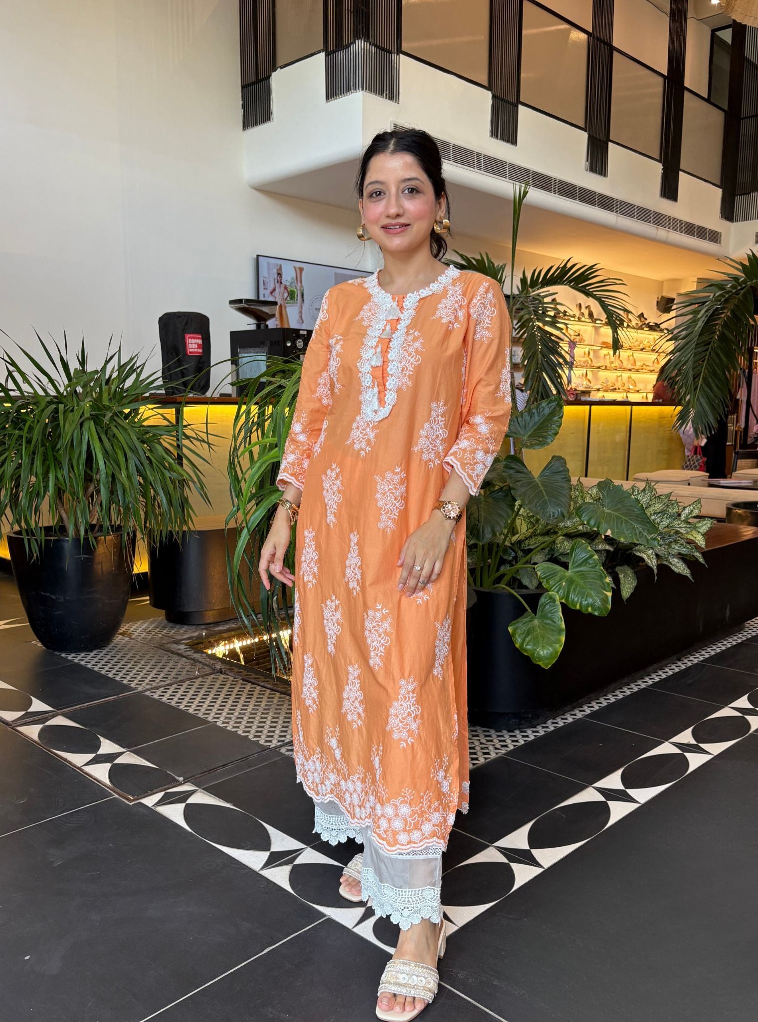 Mulmul Cotton Perla Orange Kurta With Floral Lace Flared White Pant