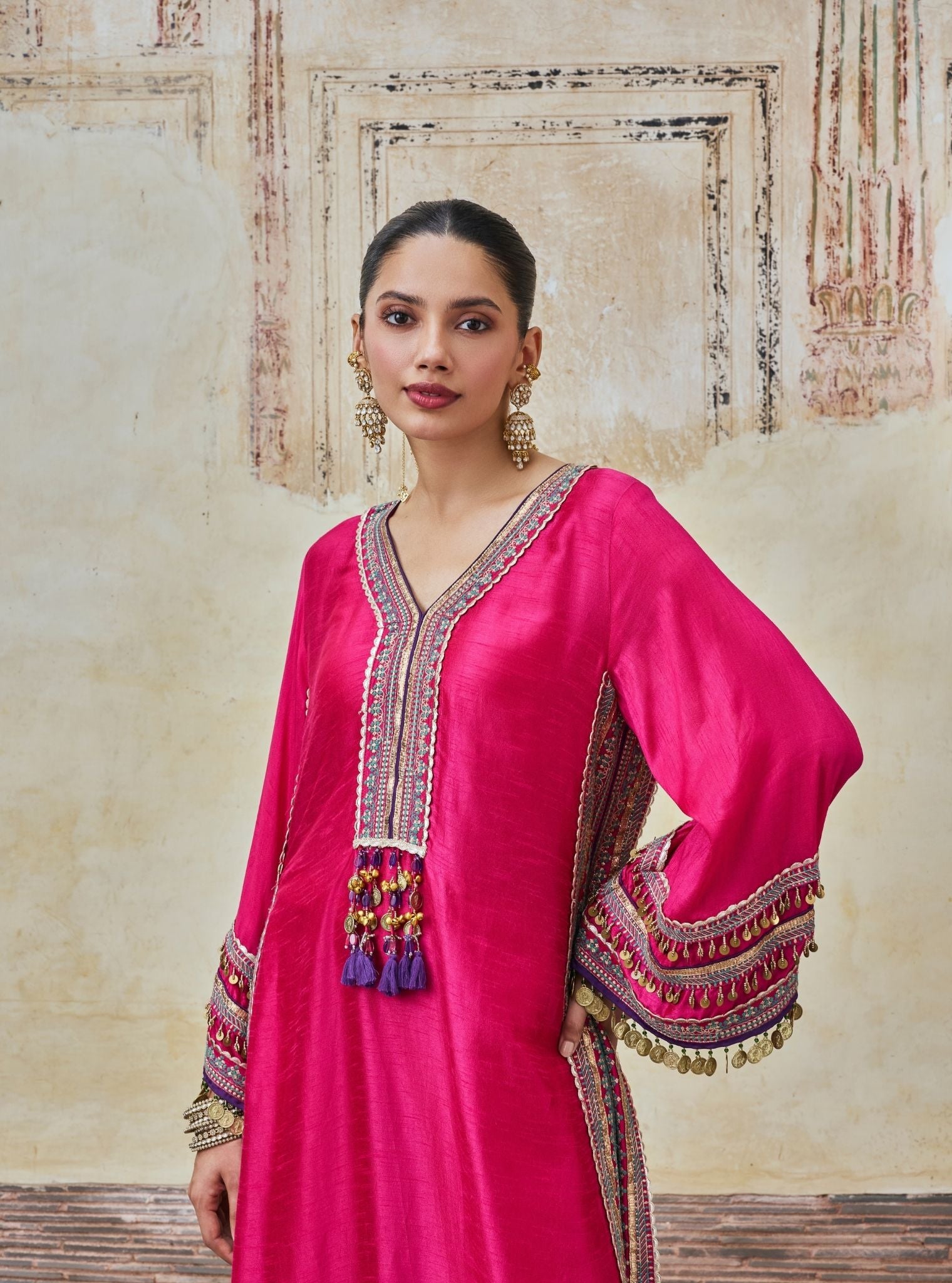 Shaabni Bemberg Raw Silk Fuchsia Kaftan Set