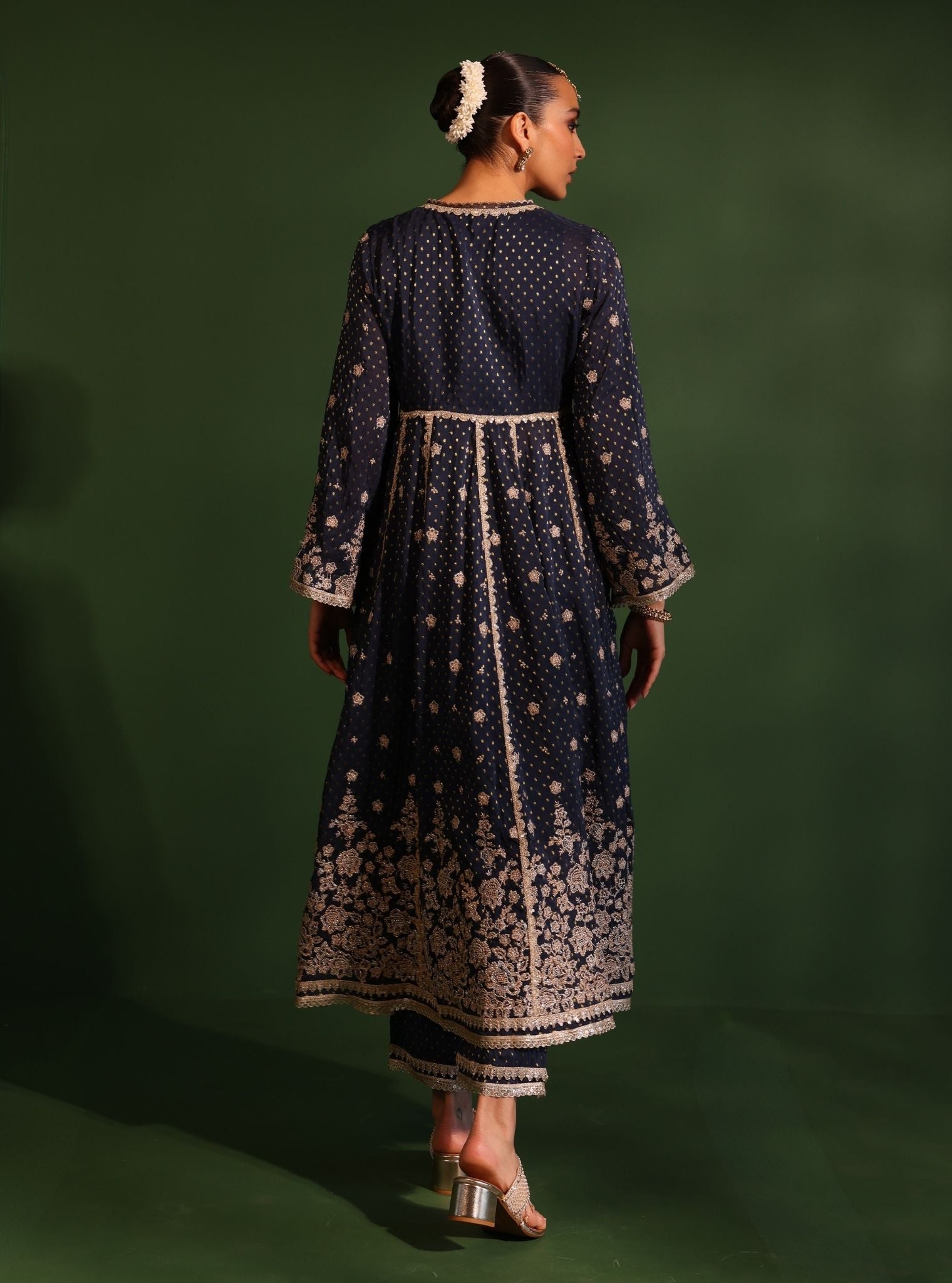 Mulmul Banarsi Rangeela Navy Anarkali Kurta With Mulmul Banarsi Rangeela Navy Pant