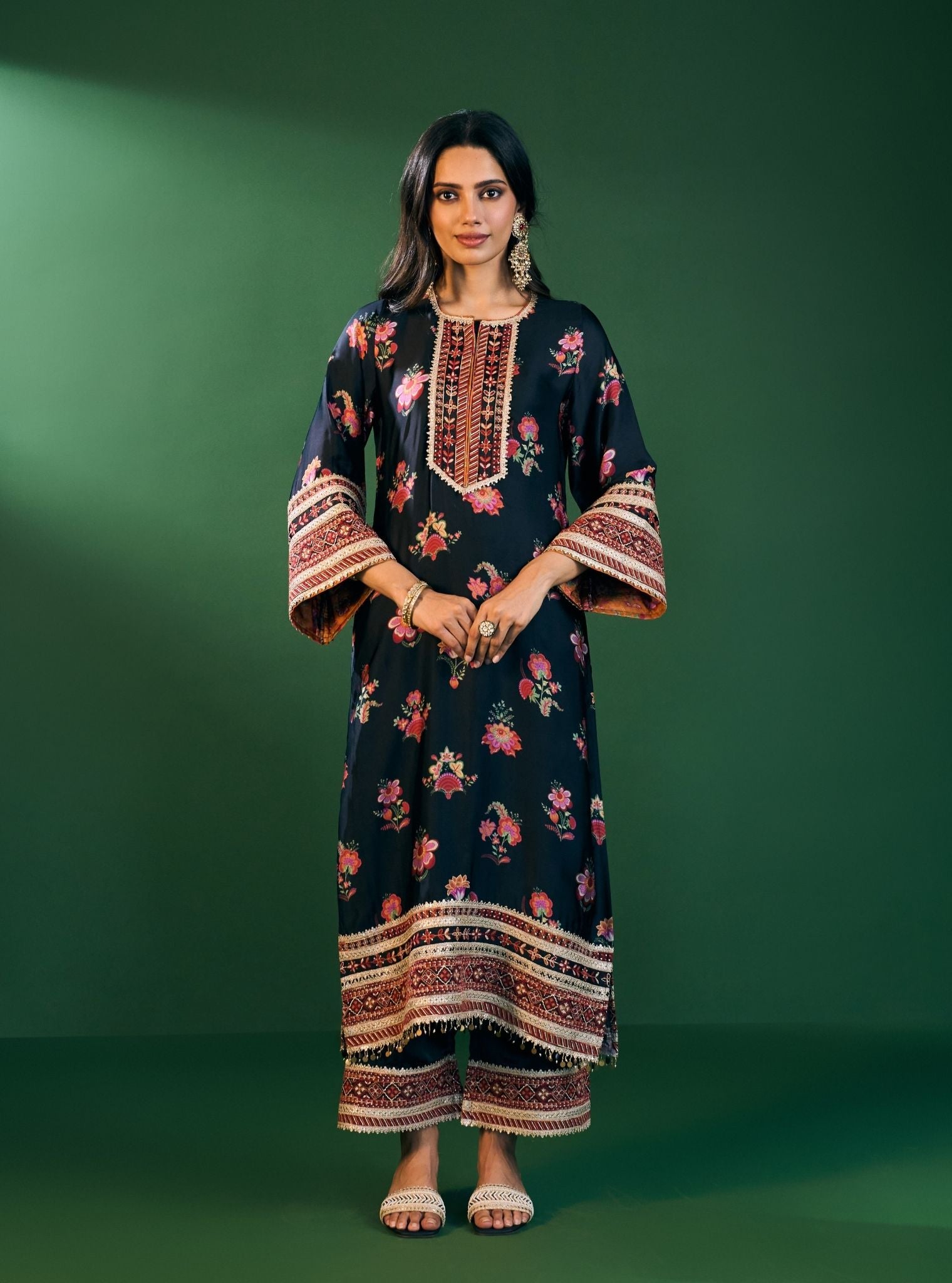 Ovia Cupro Satin Printed Black Kurta Set