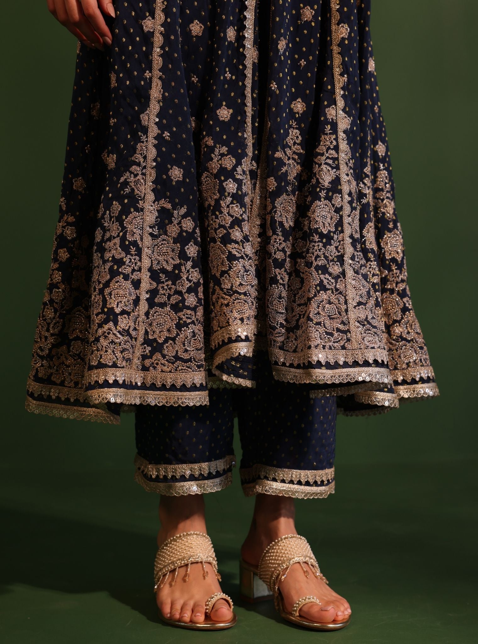 Mulmul Banarsi Rangeela Navy Anarkali Kurta With Mulmul Banarsi Rangeela Navy Pant