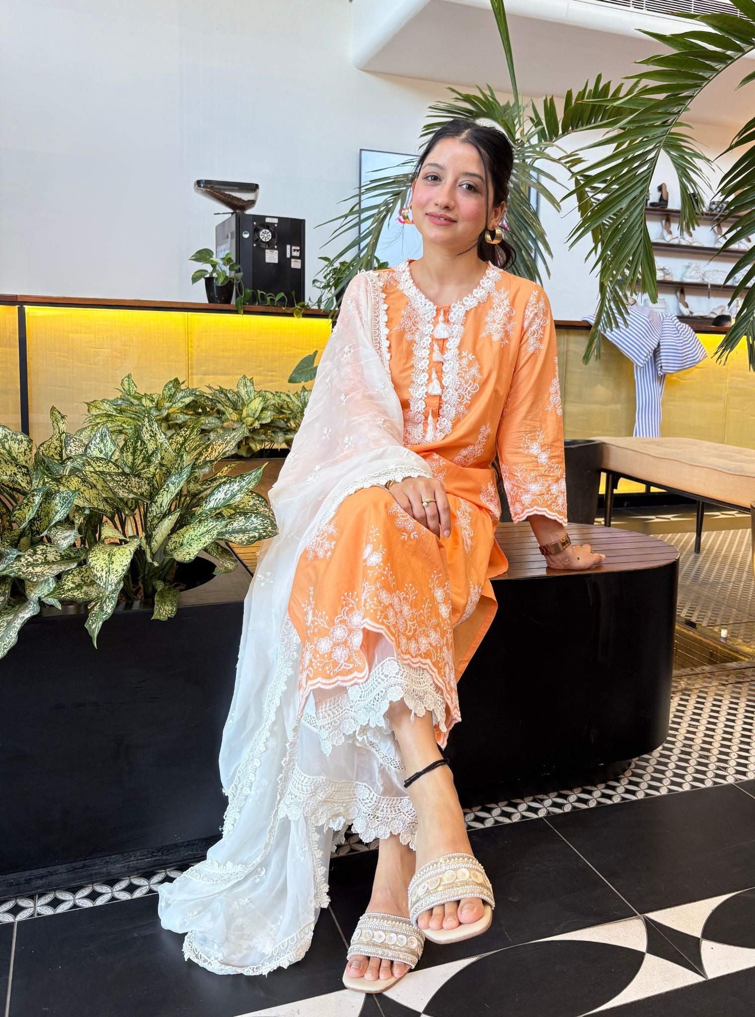 Mulmul Cotton Perla Orange Kurta With Floral Lace Flared White Pant