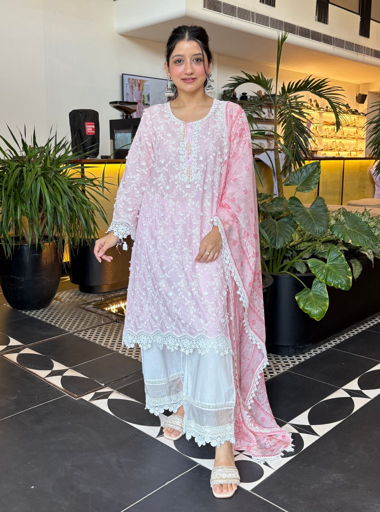 Mulmul Cotton BayBreeze Pink Kurta With Floral Lace Flared White Pant