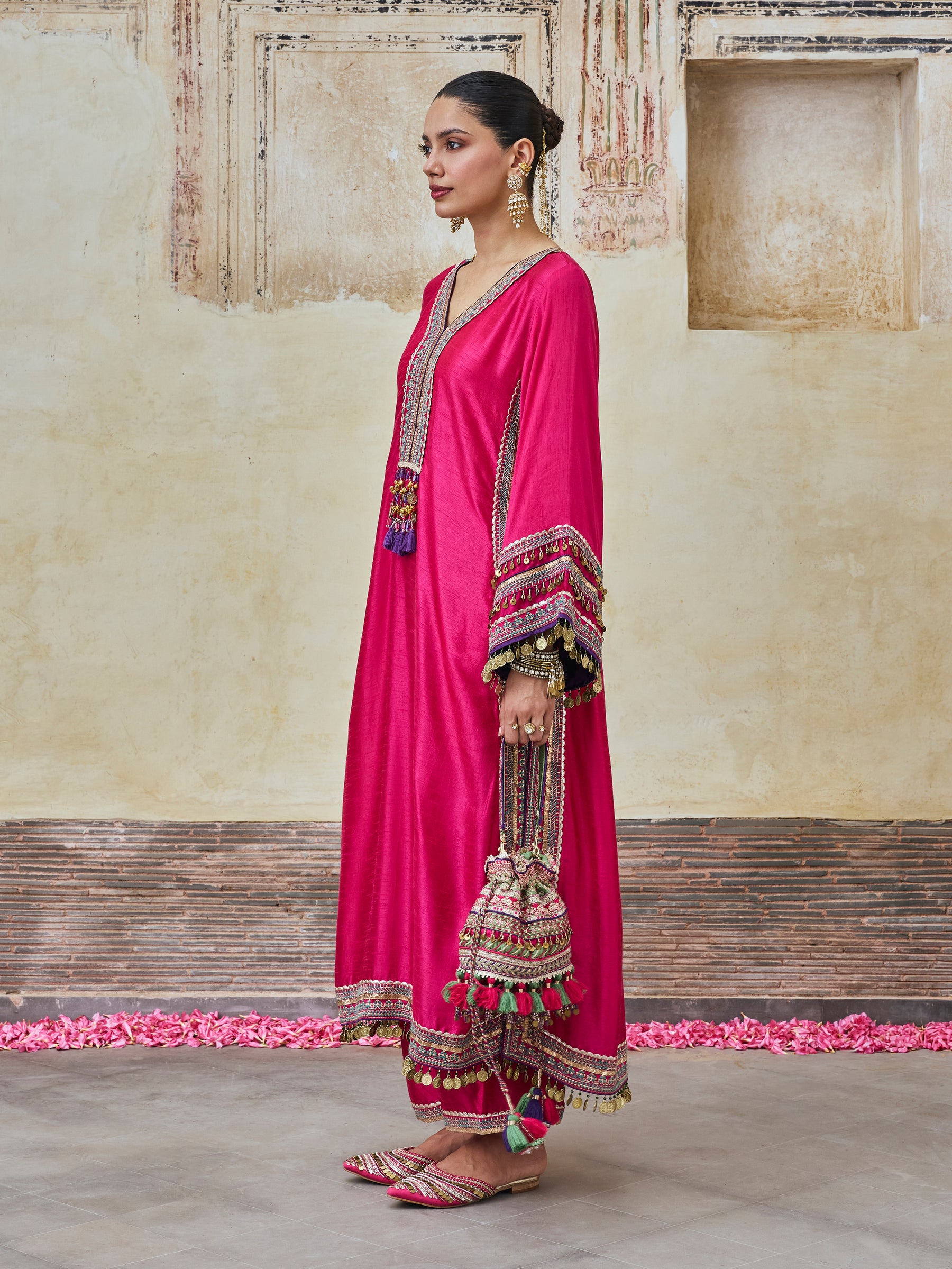 Shaabni Bemberg Raw Silk Fuchsia Kaftan Set