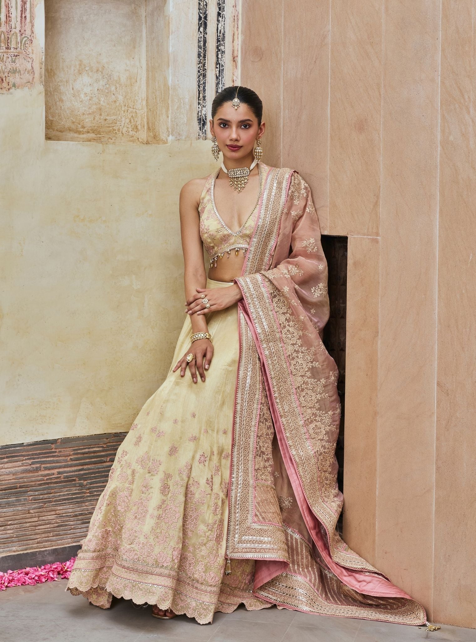 Saavri Bemberg Giraffe White Gold Lehenga