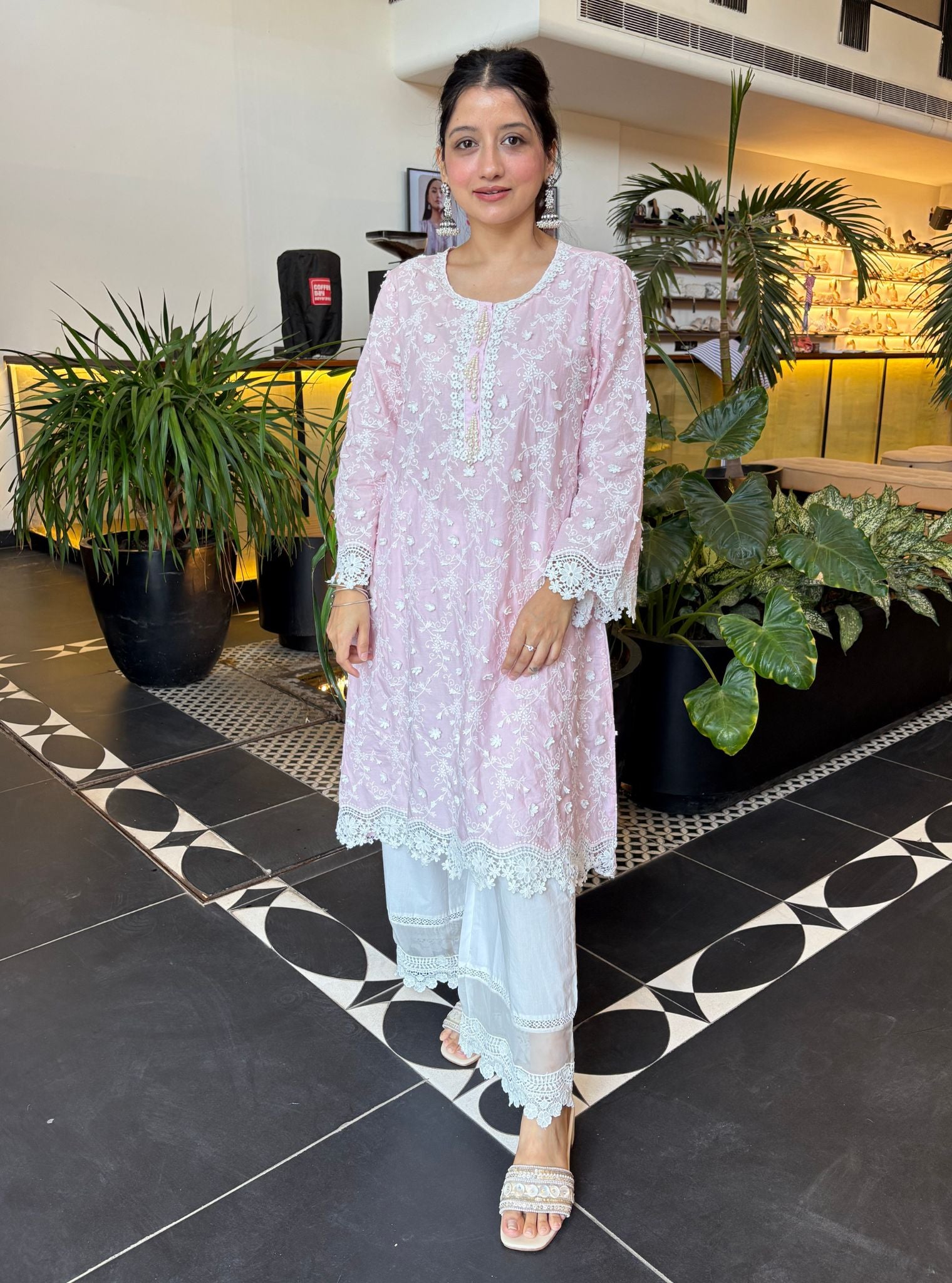 Mulmul Cotton BayBreeze Pink Kurta With Floral Lace Flared White Pant