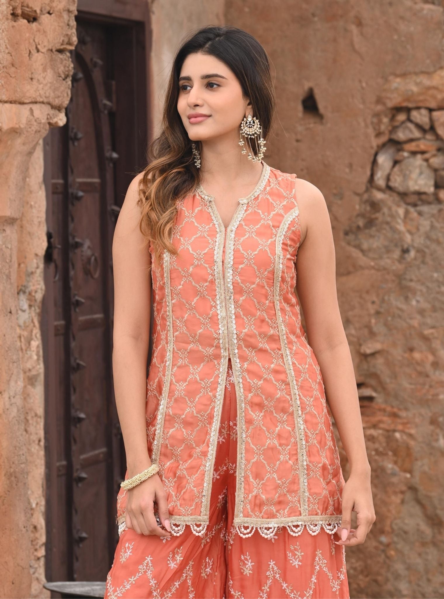 Mulmul Organza Satin Ainah Burnt Orange Kurta with Mulmul Organza Satin Ainah Burnt Orange Sharara