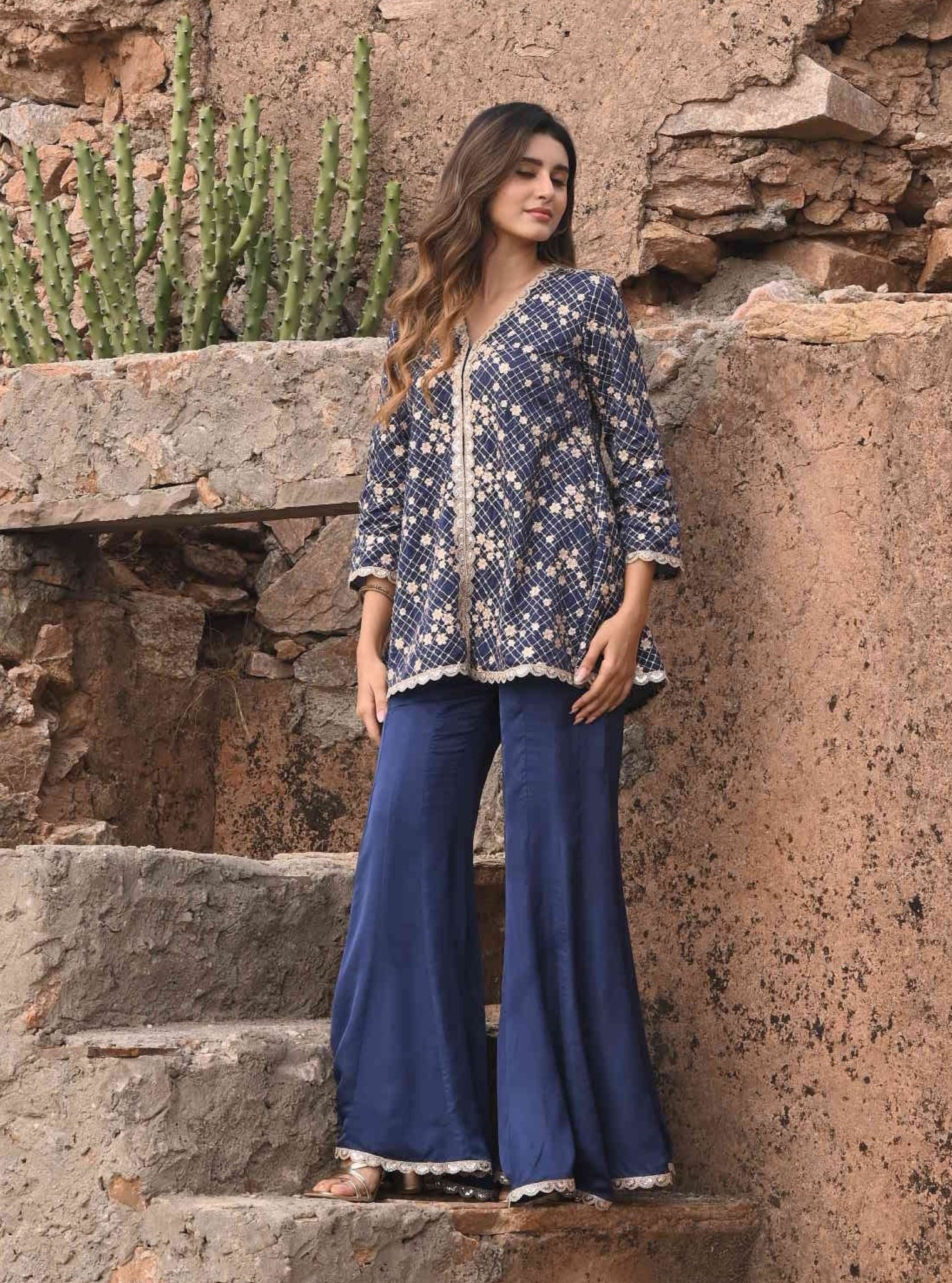 Mulmul Organza Satin Afreen Navy Top with Mulmul Modal Satin Afreen Navy Sharara