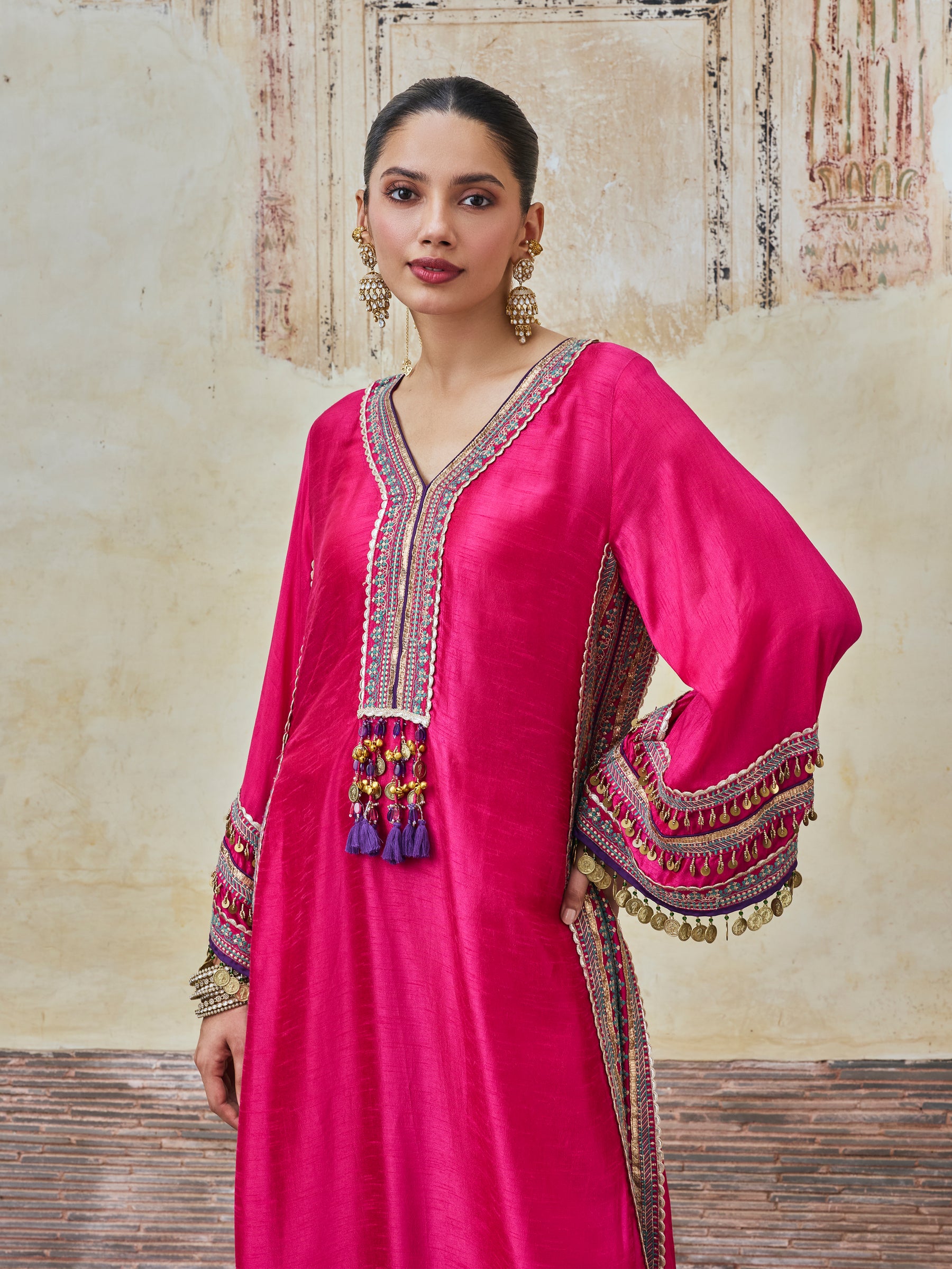 Shaabni Bemberg Raw Silk Fuchsia Kaftan Set