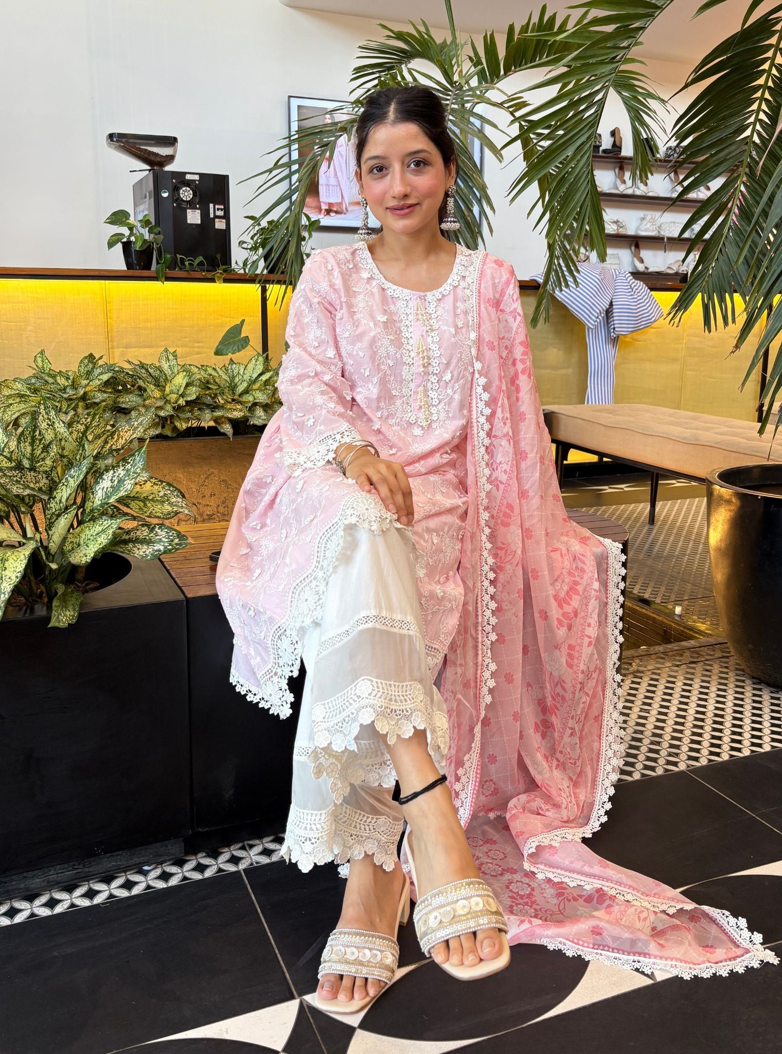 Mulmul Cotton BayBreeze Pink Kurta With Floral Lace Flared White Pant