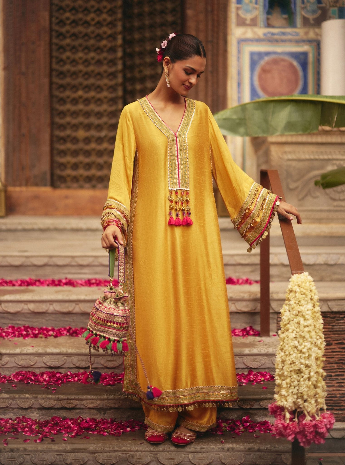 Shaabni Bemberg Raw Silk Mustard Kaftan Set
