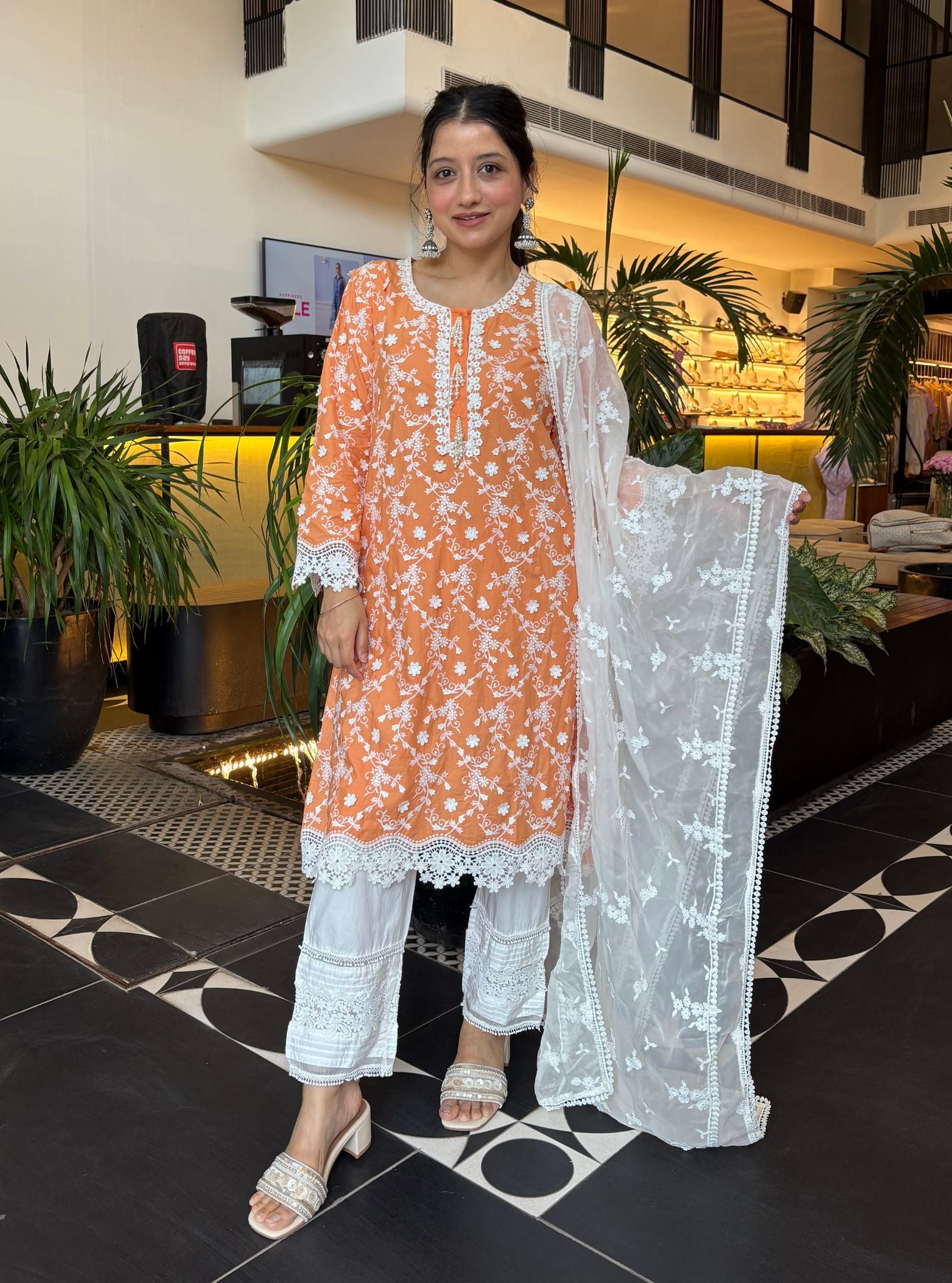 Mulmul Cotton BayBreeze Orange Kurta With Mulmul Cotton New Pintuck White Pant
