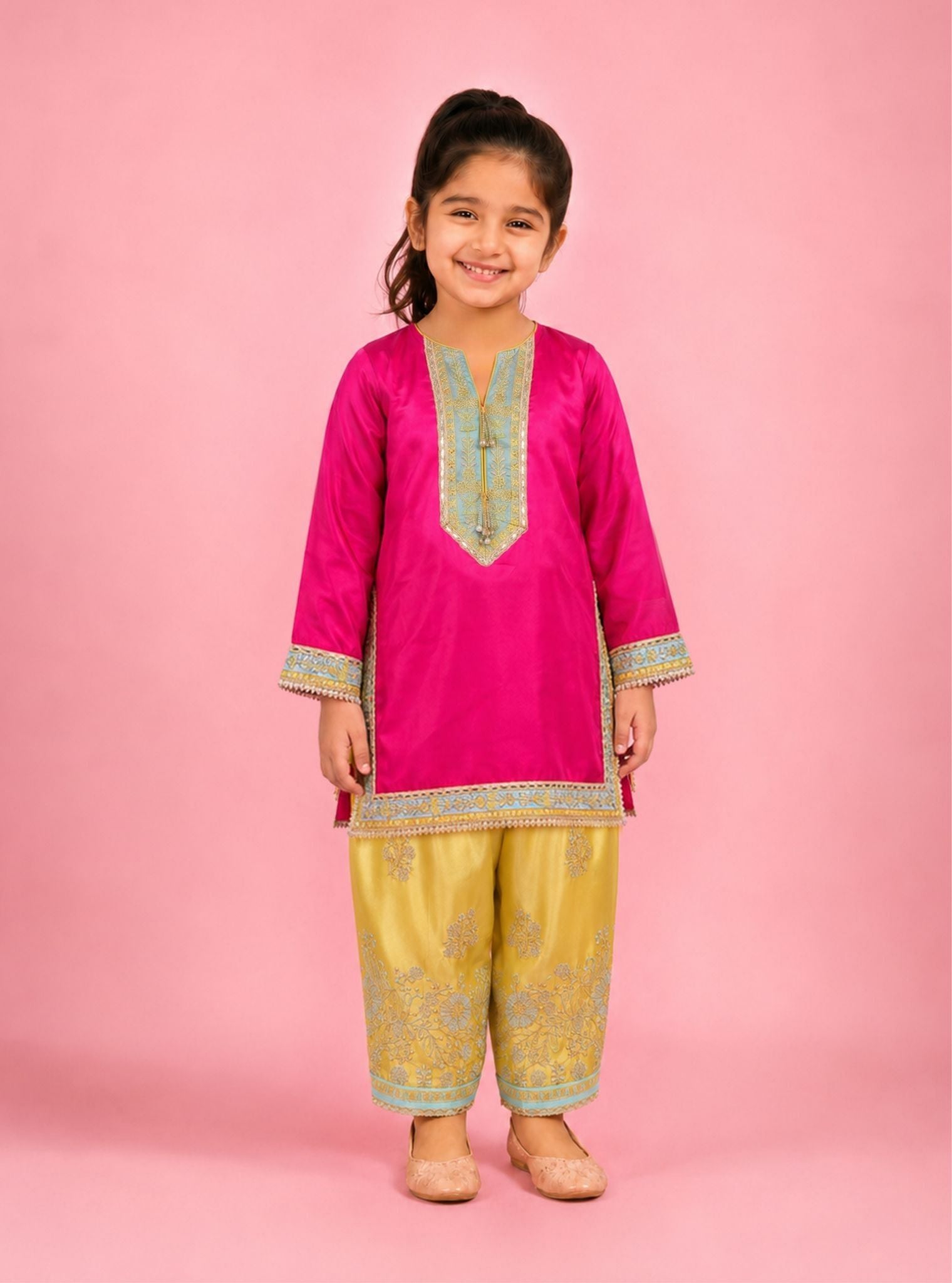 Caeli Cupro Satin Printed Fuchsia & Lime Kurta Set
