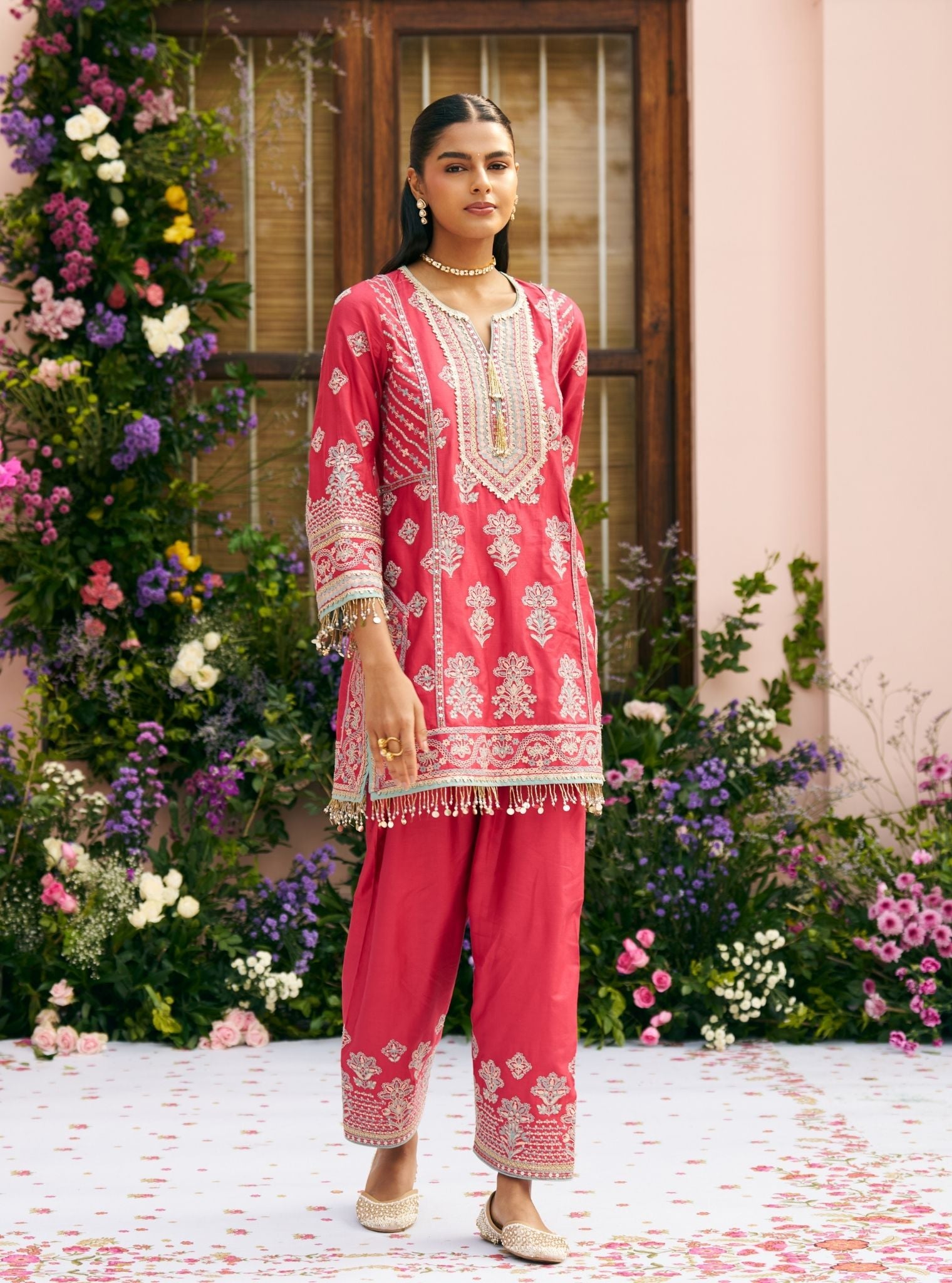 Khumari Pima Satin Red Kurta Set