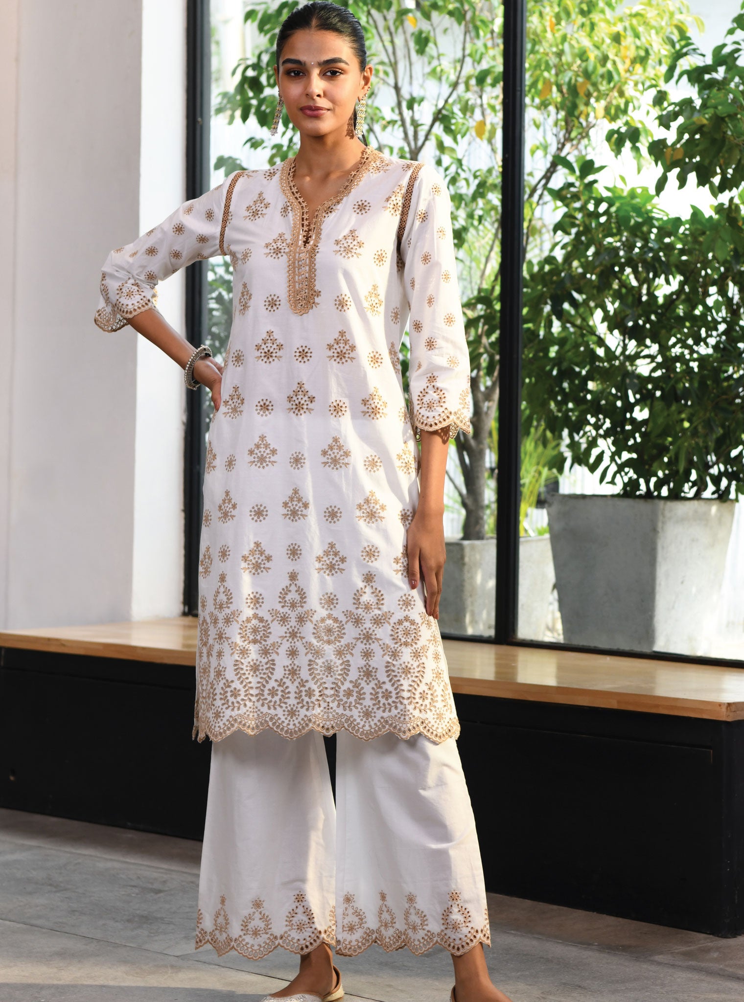 Mulmul Cotton Ripon White Kurta With Ripon White Pant