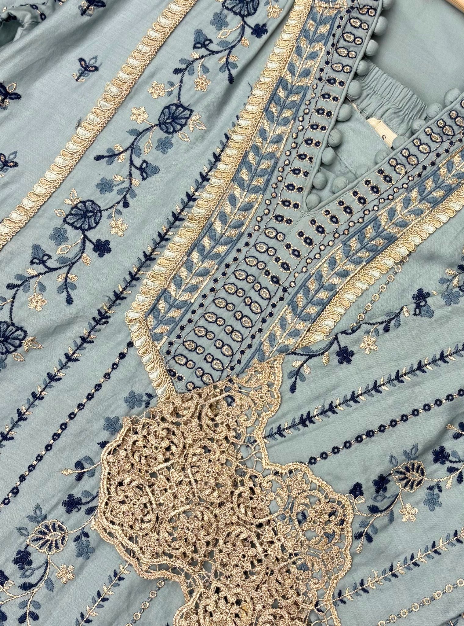 Khayal Pima Satin Blue Kurta Set