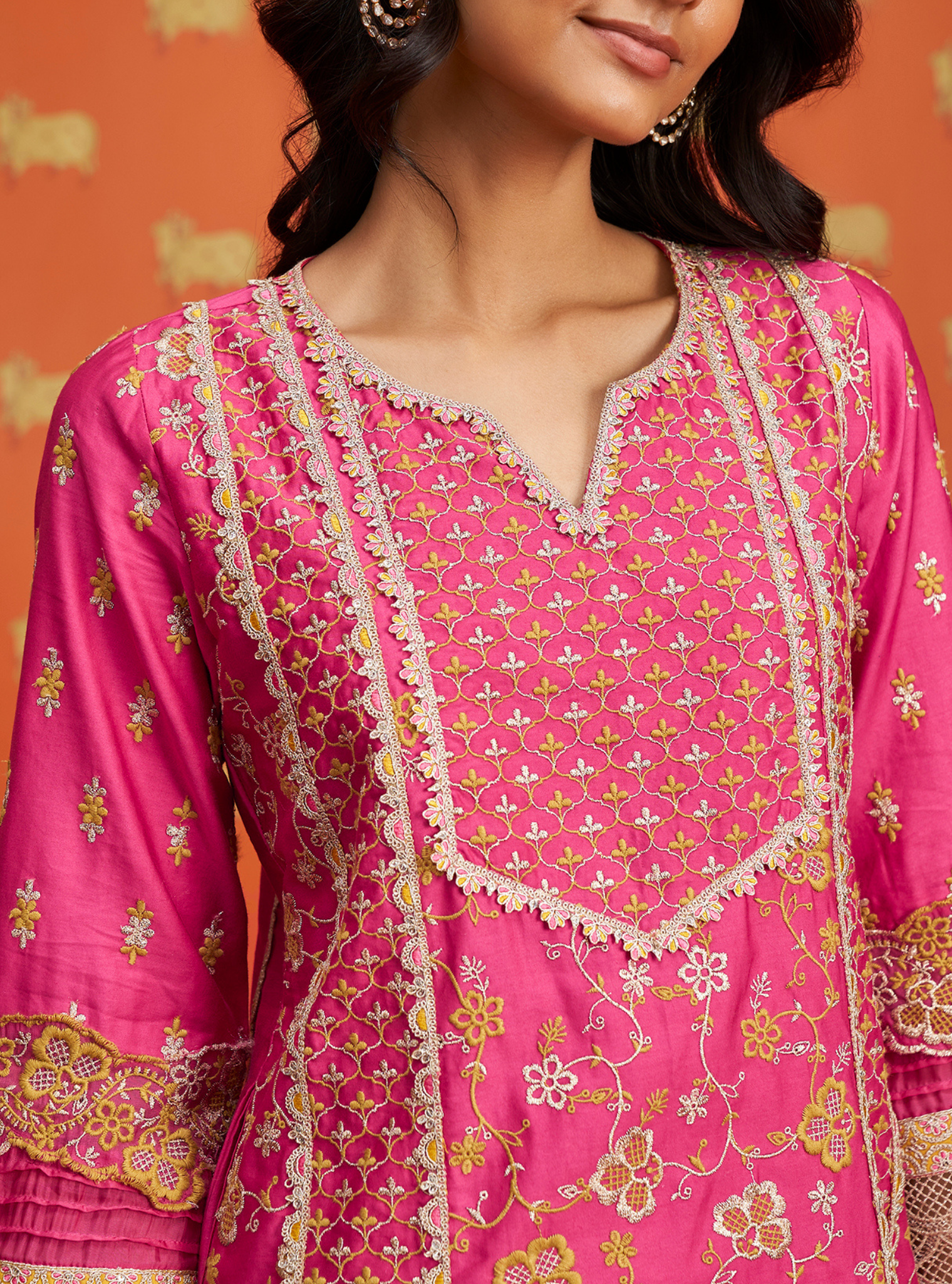 Mulmul Pima Satin Anchali Fuschia Kurta With Mulmul Pima Satin Anchali Fuschia Pant