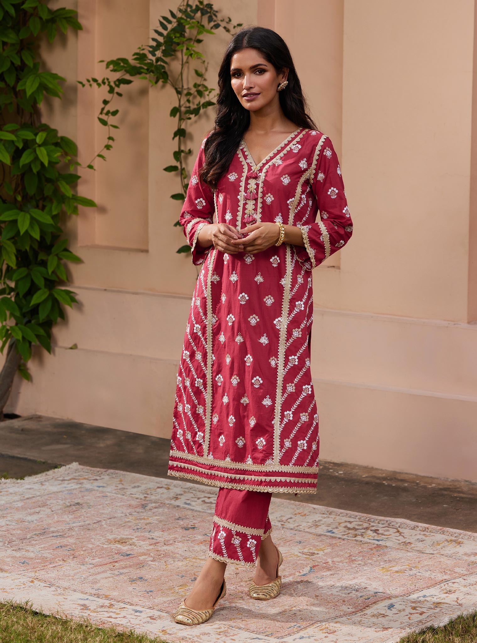 Mulmul Cotton Titli Red Pant