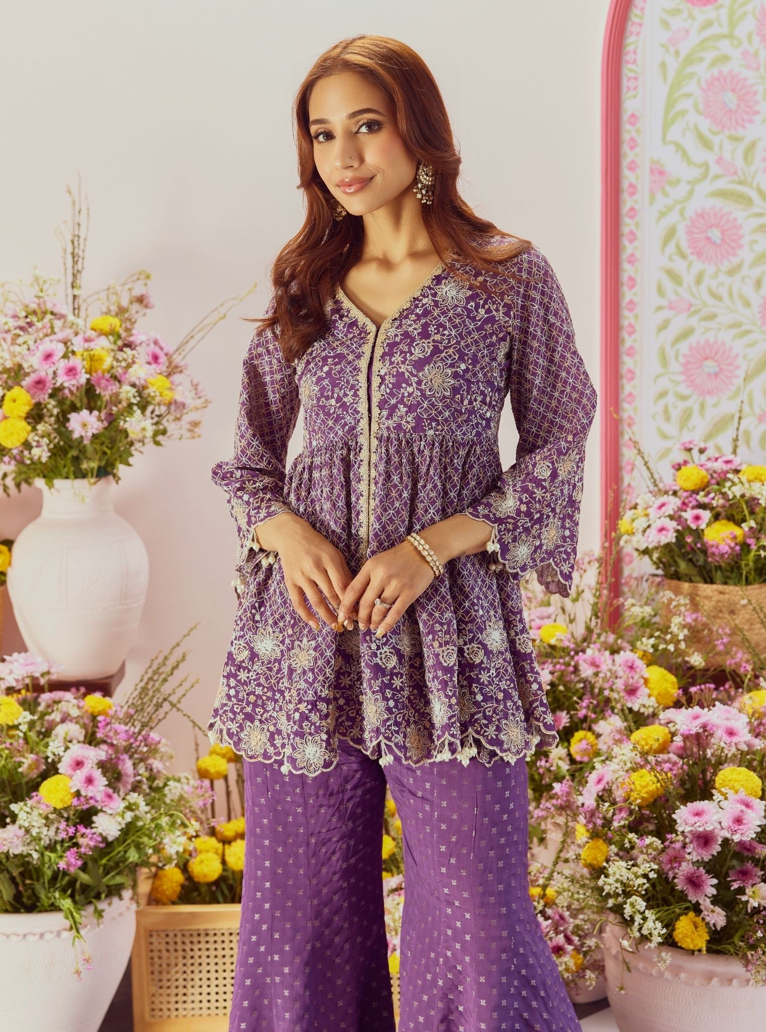 Mulmul Banarsi Ghunghroo Purple Top With Mulmul Banarsi Ghunghroo Purple Sharara