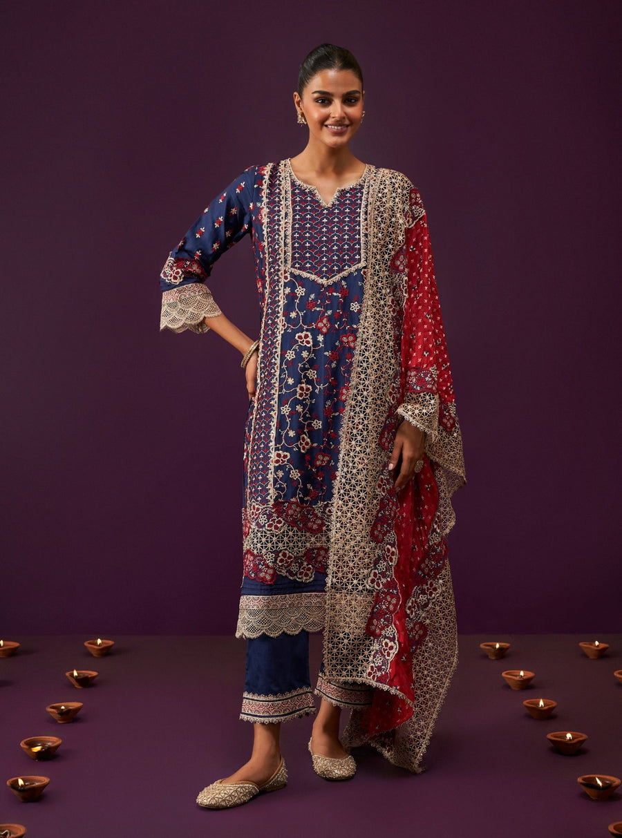 Mulmul Organza Satin Shyam with jacket Navy Men Kurta with Mulmul Pima Satin Shava Off White Pyajama