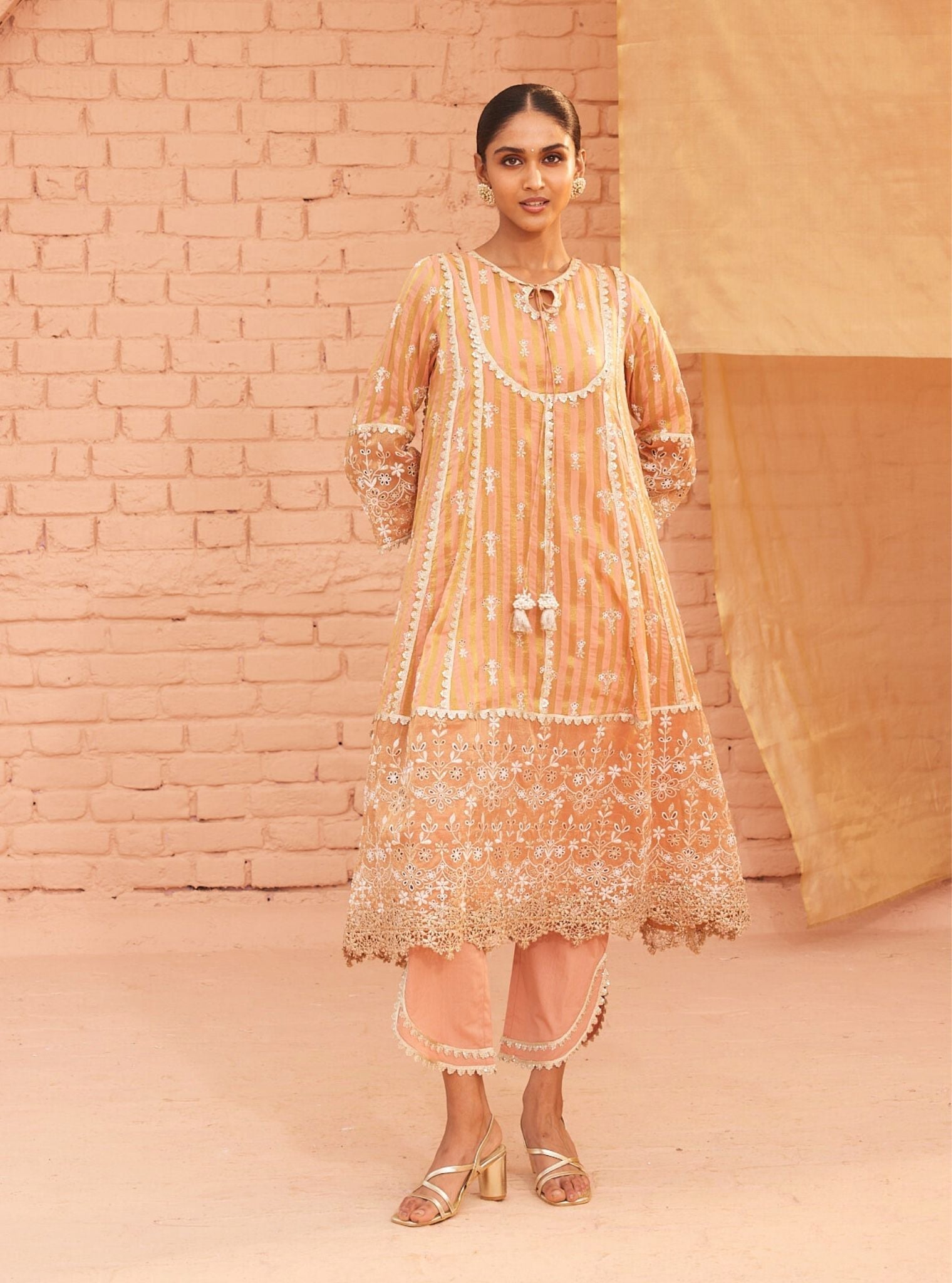 Mulmul Banarsi Bridget Peach Anarkali Kurta With Mulmul Cotton Bridget Peach Pant