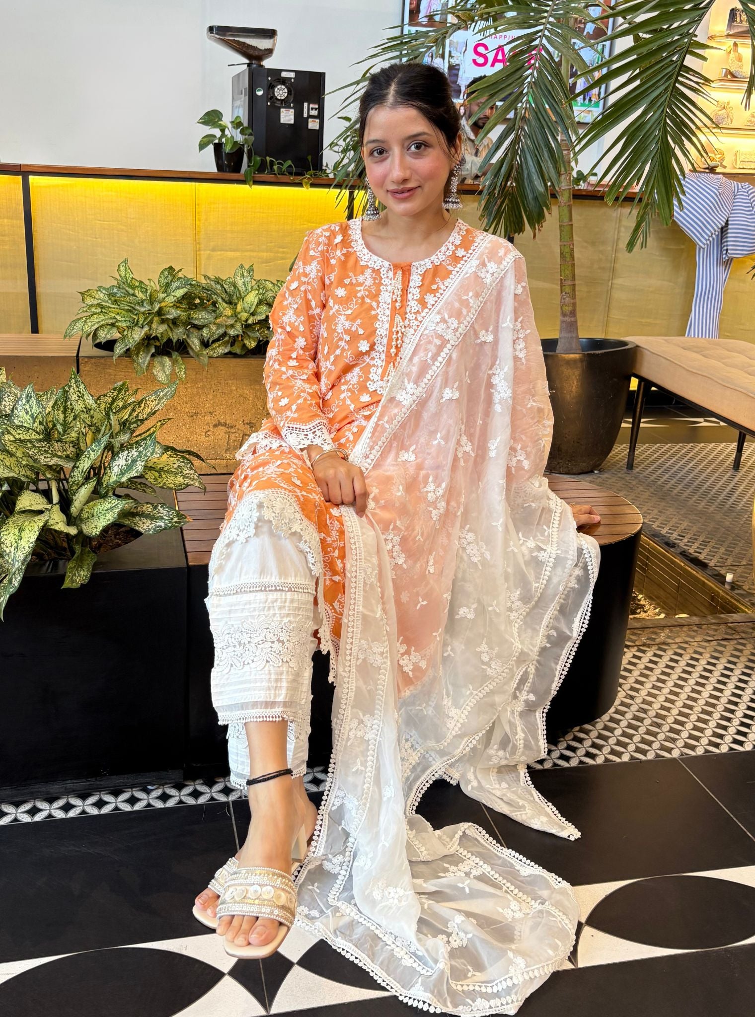 Mulmul Cotton BayBreeze Orange Kurta With Mulmul Cotton New Pintuck White Pant