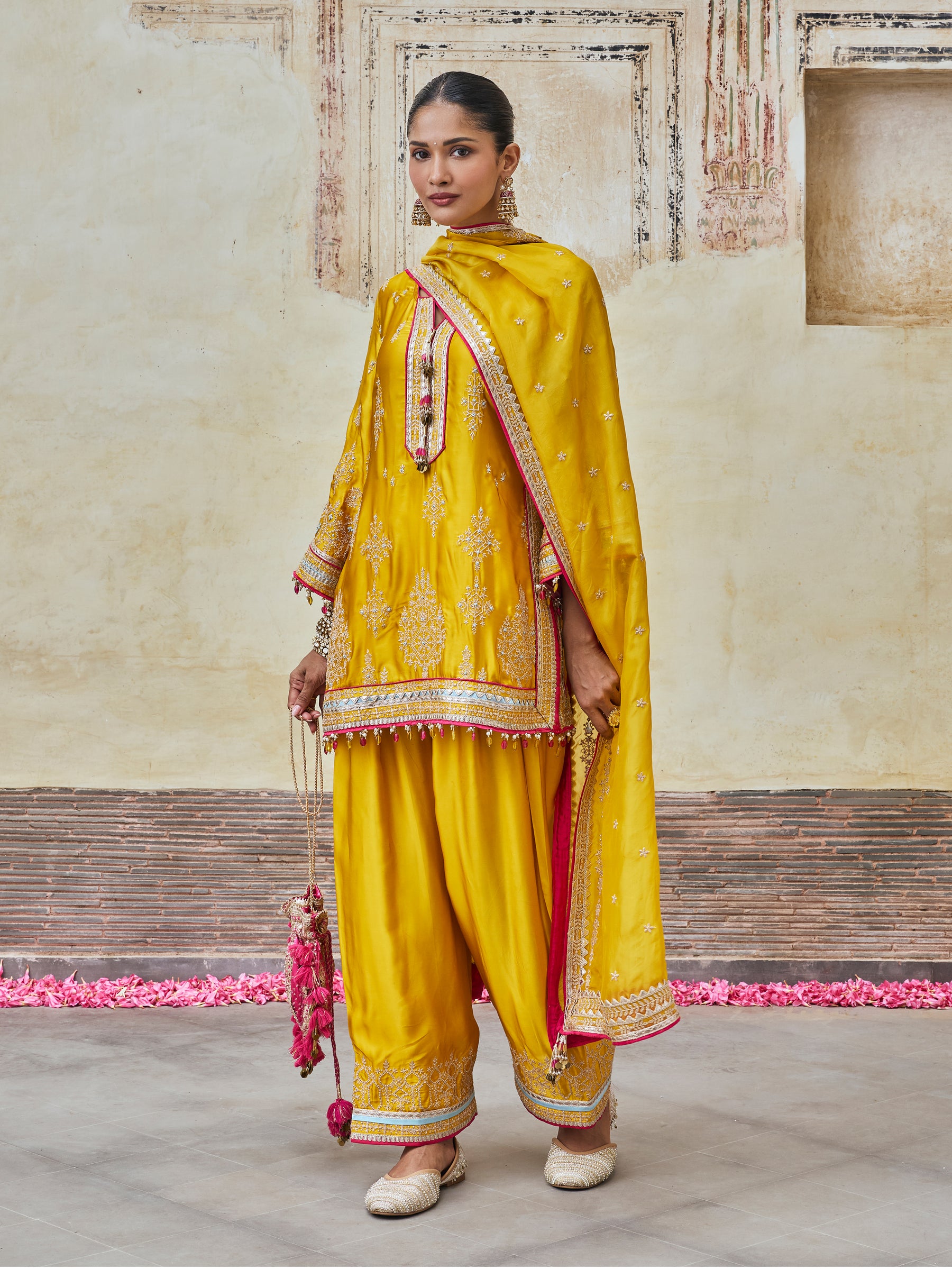 Jaani Cupro Satin Mustard Kurta Set