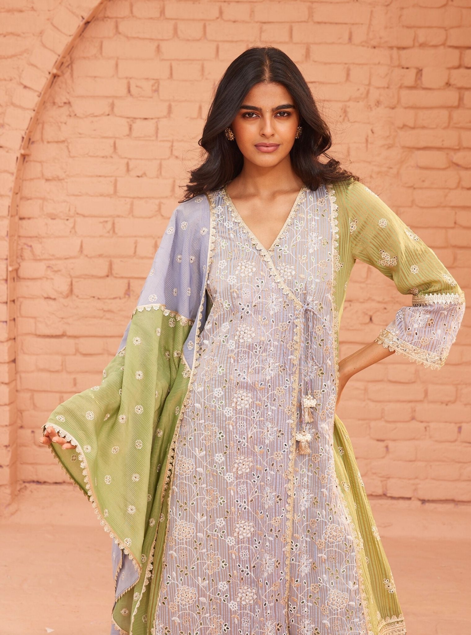 Mulmul Banarsi Vanessa Blue Anarkali Kurta With Mulmul Cotton Vanessa Green Pant