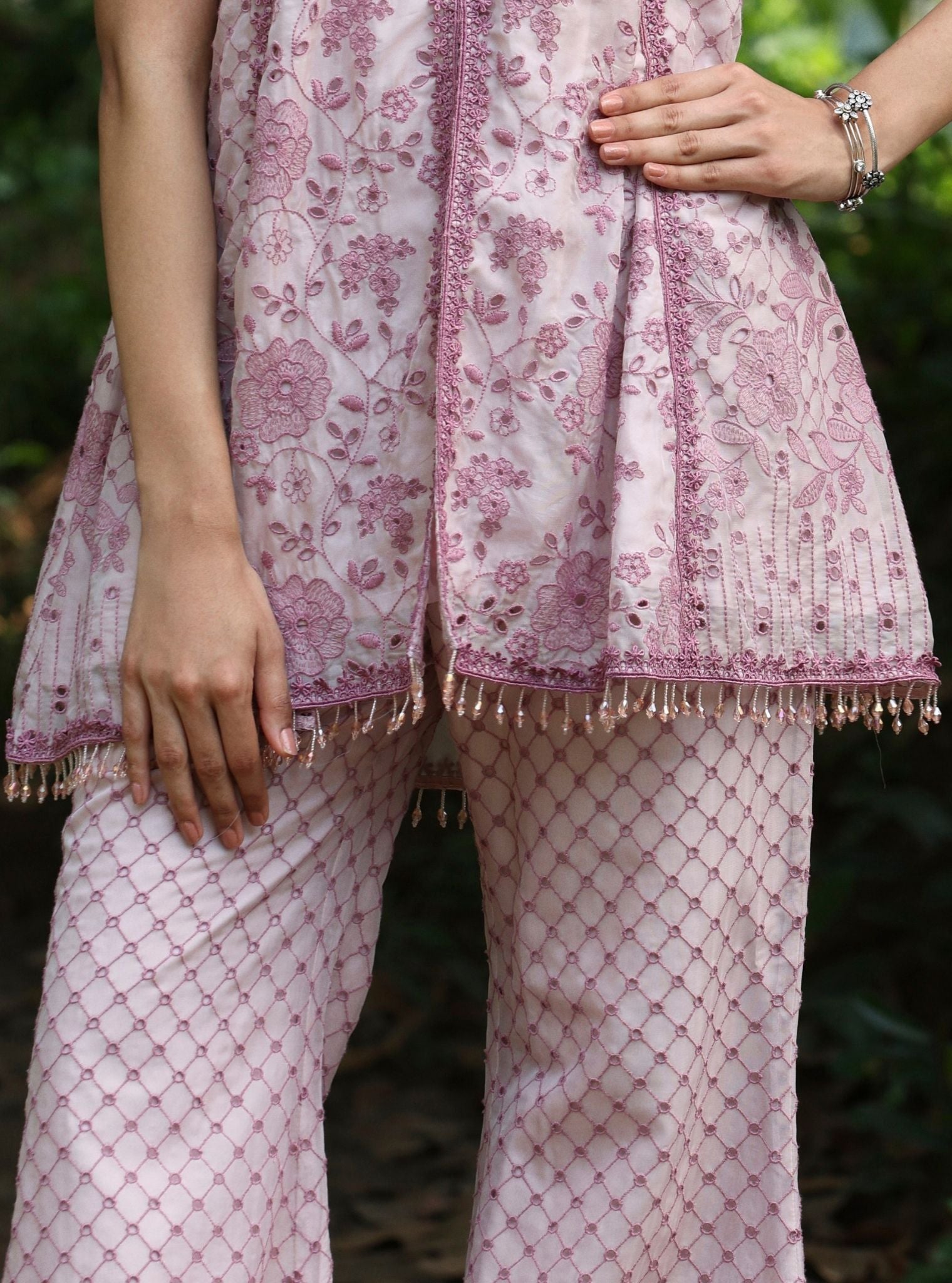 Mulmul Organza Nithara Dusty Pink Top With Mulmul Organza Nithara Dusty Pink Pant