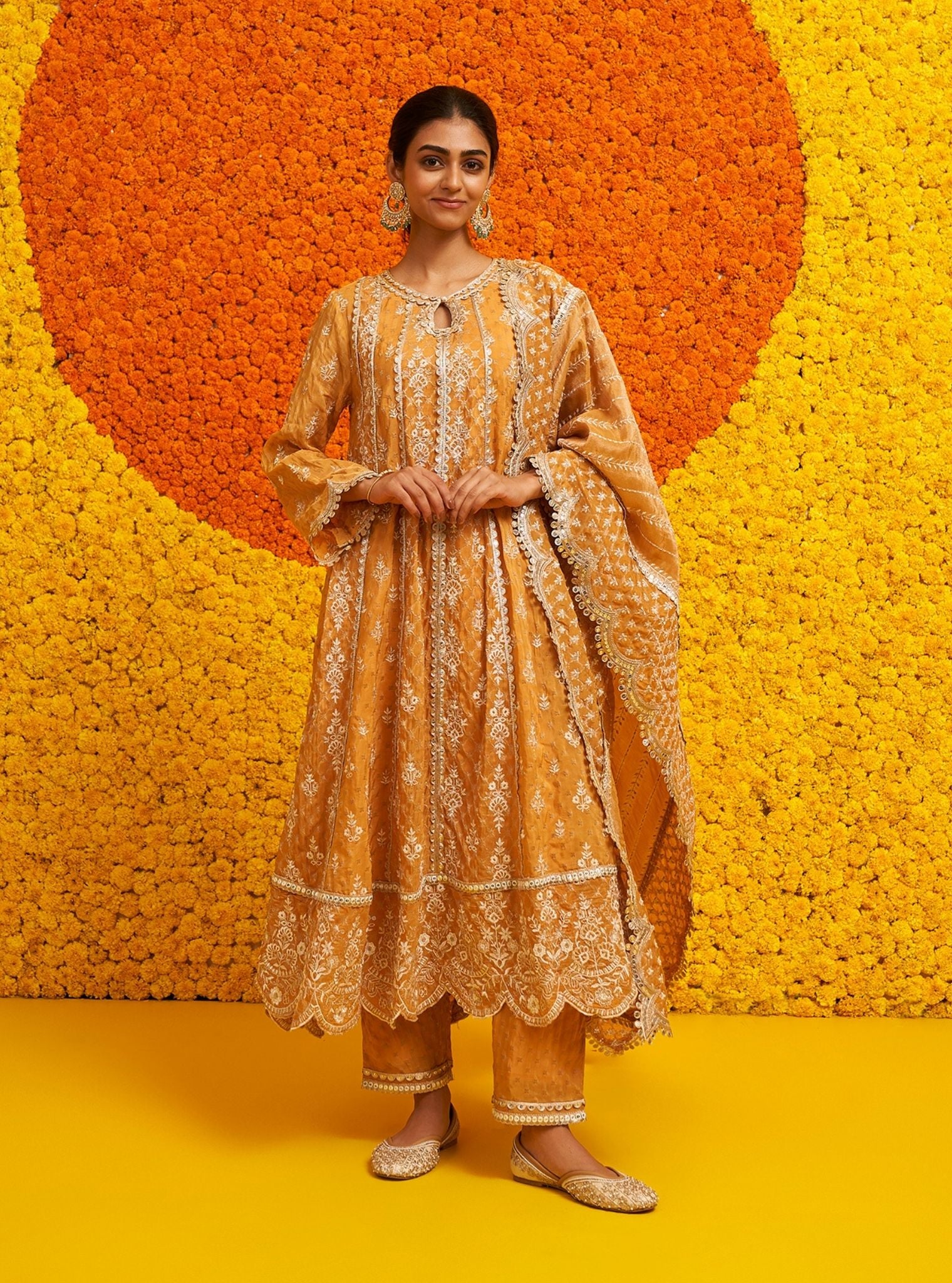 Mulmul Banarsi Chalka Mustard Anarkali Kurta With Mulmul Banarsi Chalka Mustard Pant