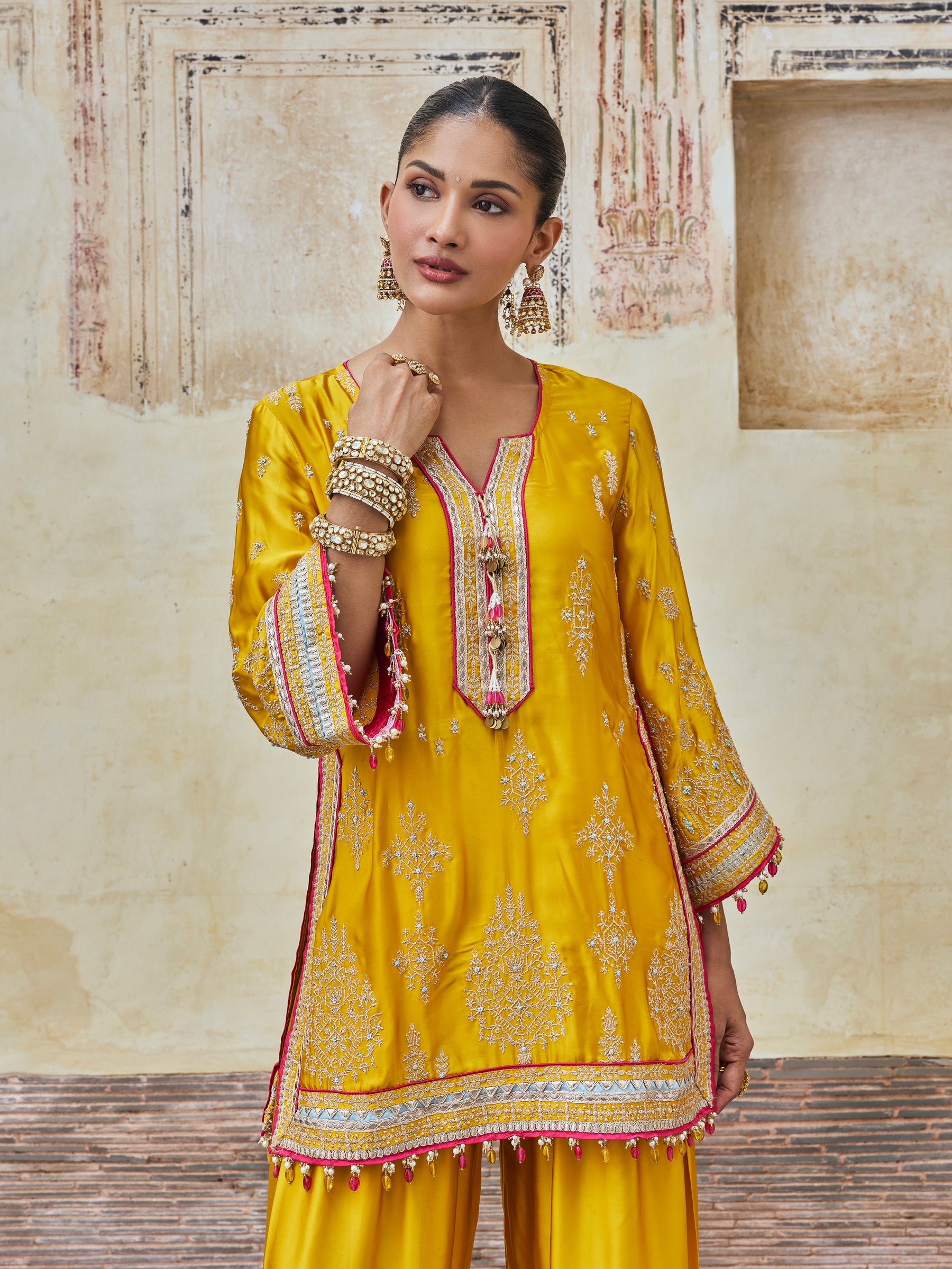 Jaani Cupro Satin Mustard Kurta Set