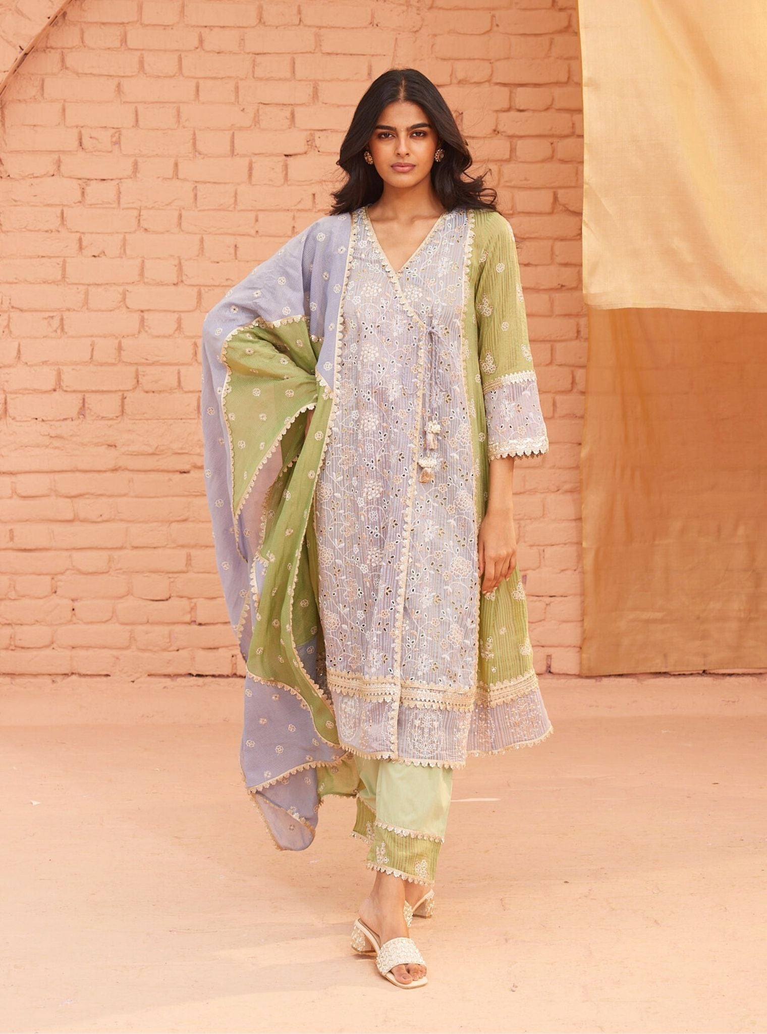 Mulmul Banarsi Vanessa Blue Anarkali Kurta With Mulmul Cotton Vanessa Green Pant