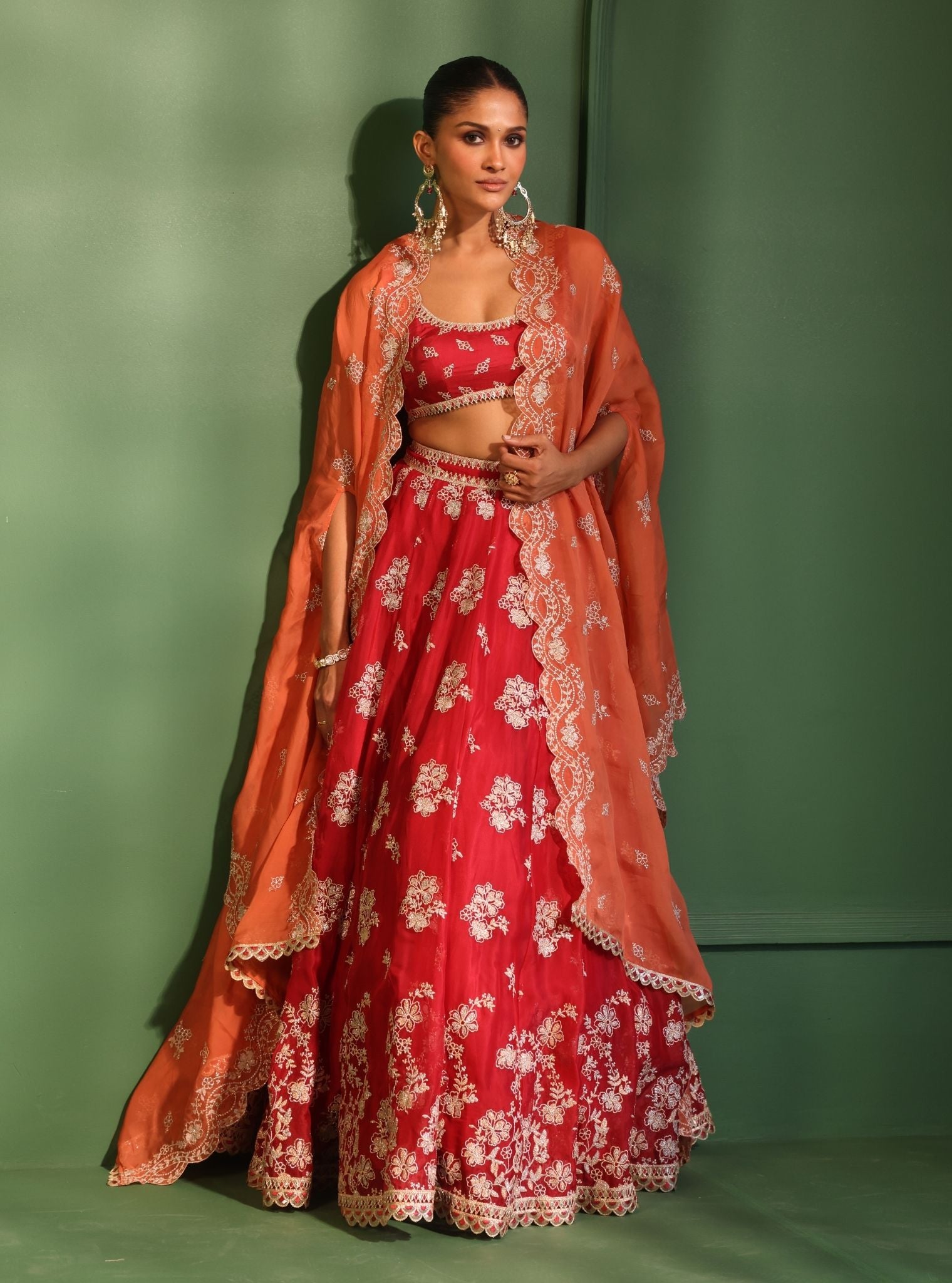 Mulmul Organza Jugnu Red Lehenga