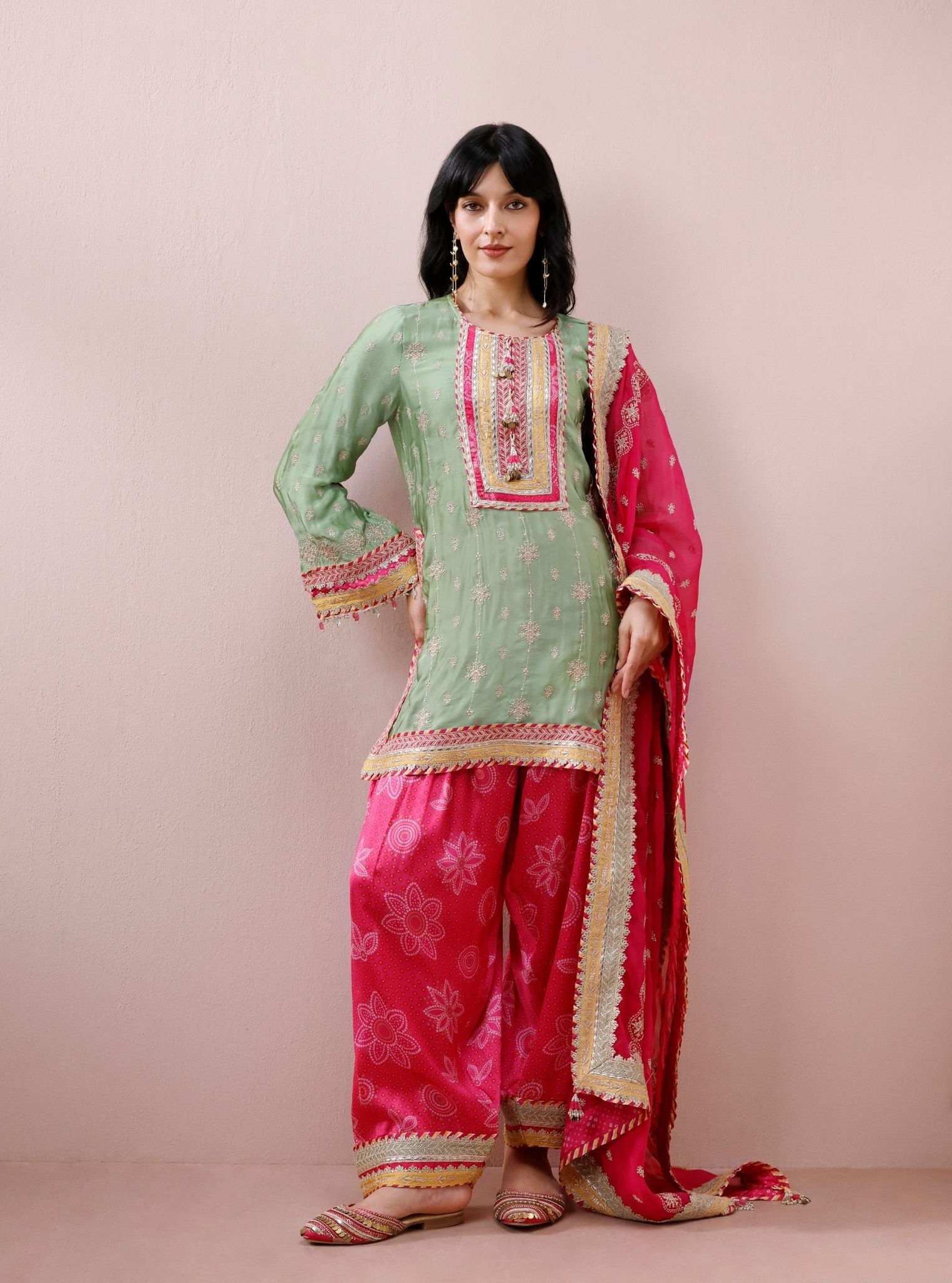 Kiva Cupro Satin Pista Green Kurta with Farshi Salwar