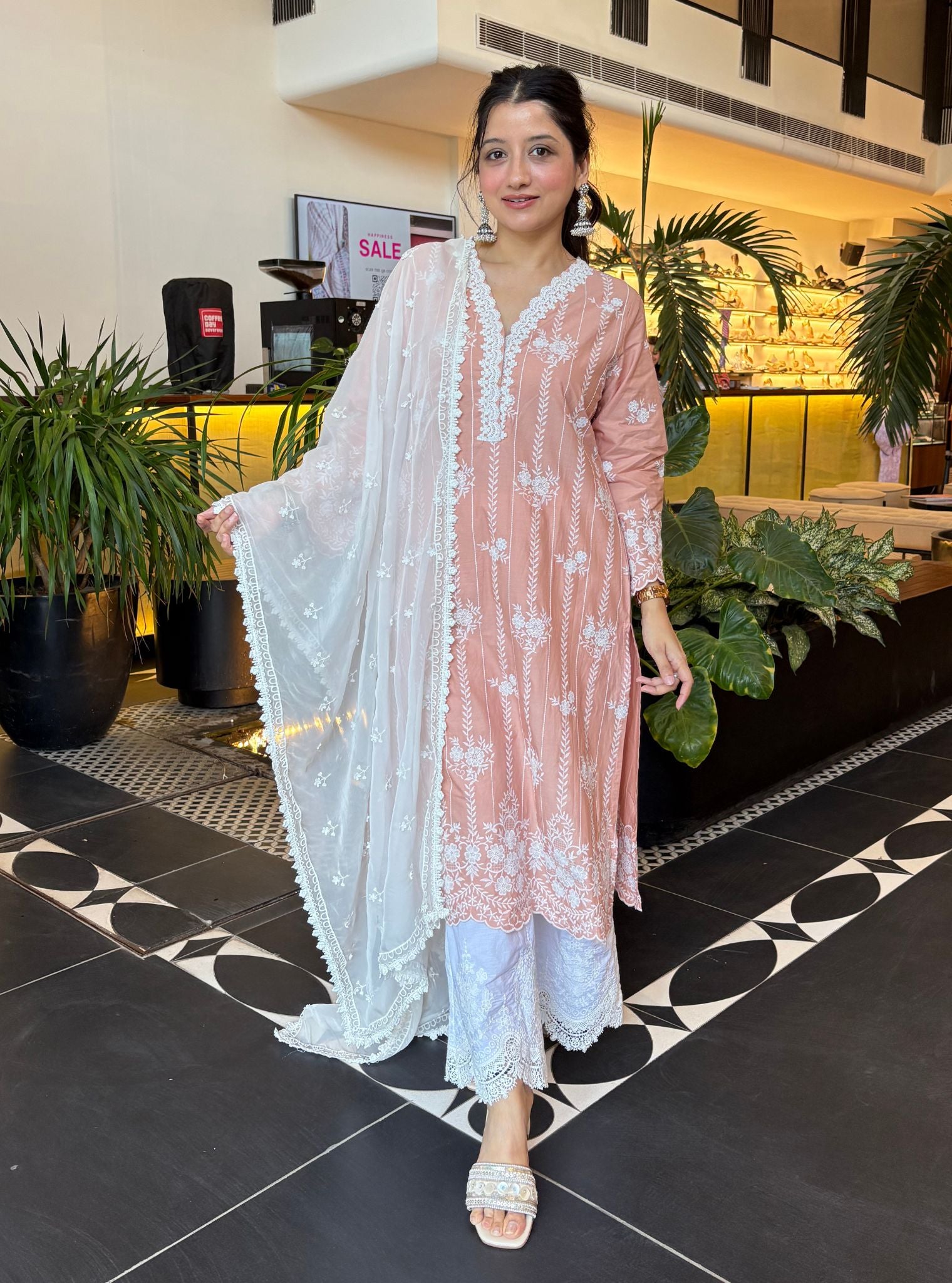Mulmul Cotton Dhansiri Beige Kurta With Emb Bellbottom White Payajama
