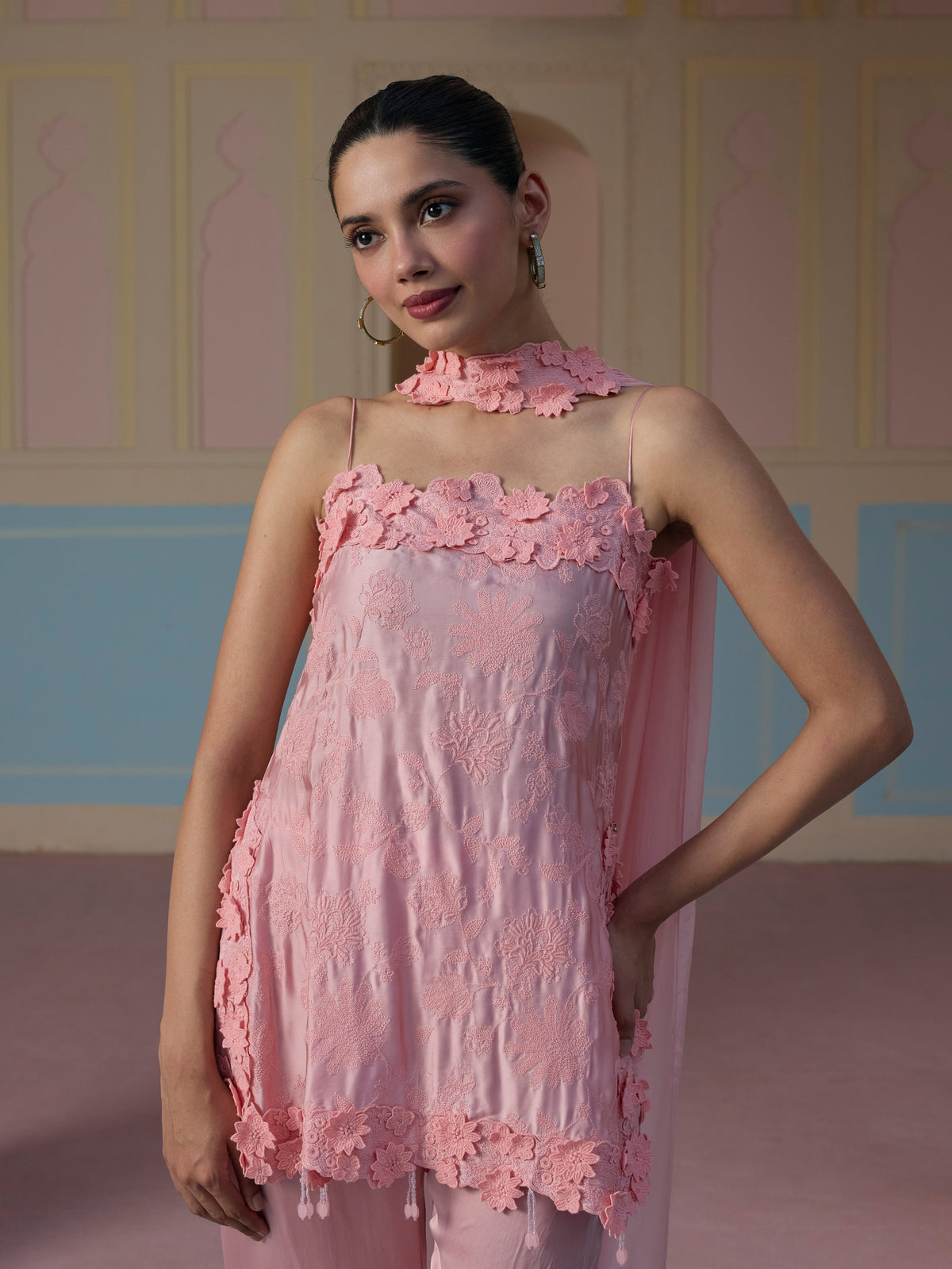 Jheel Cupro Satin Pink Co-ord Set with Scarf