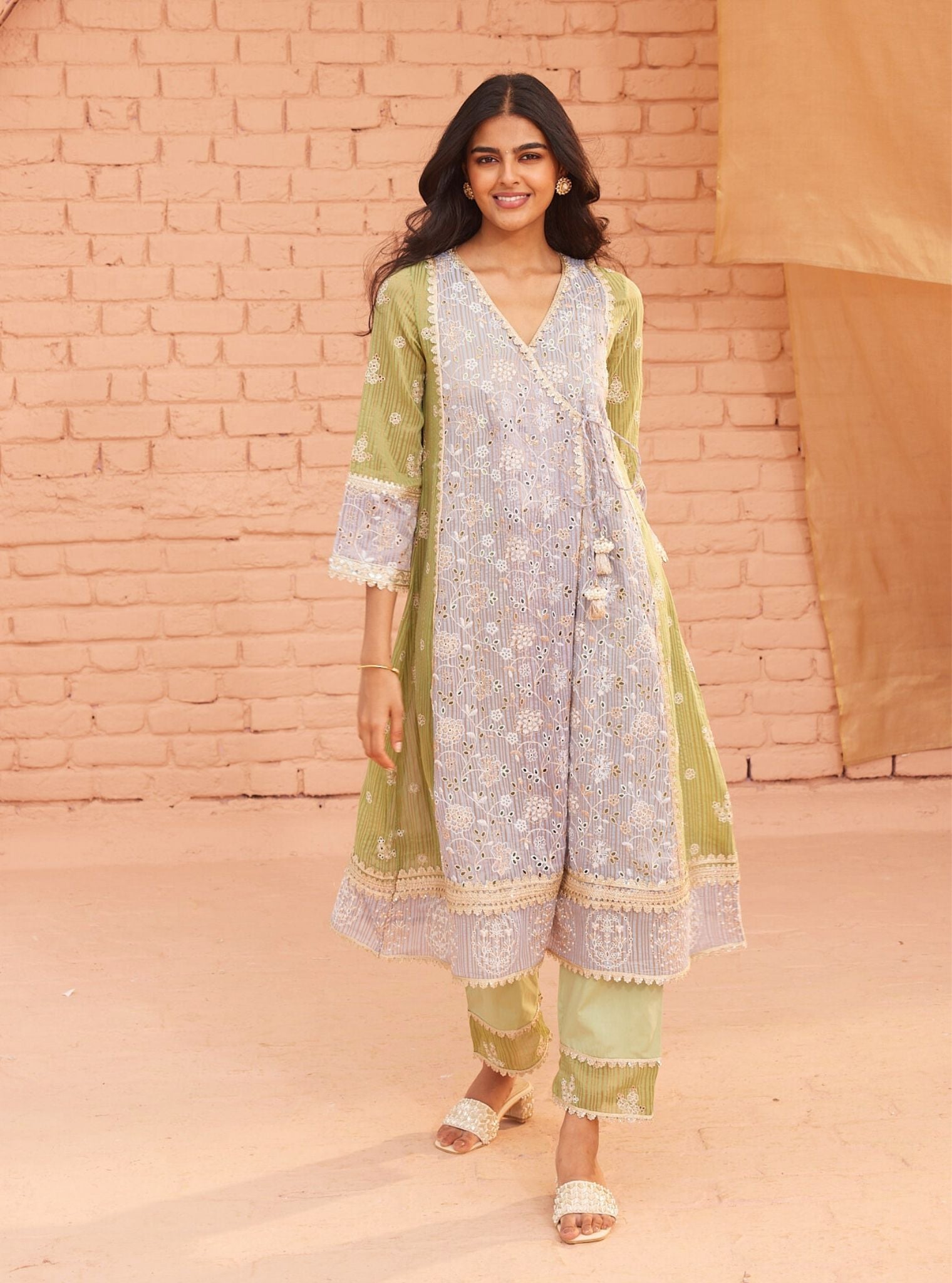 Mulmul Banarsi Vanessa Blue Anarkali Kurta With Mulmul Cotton Vanessa Green Pant