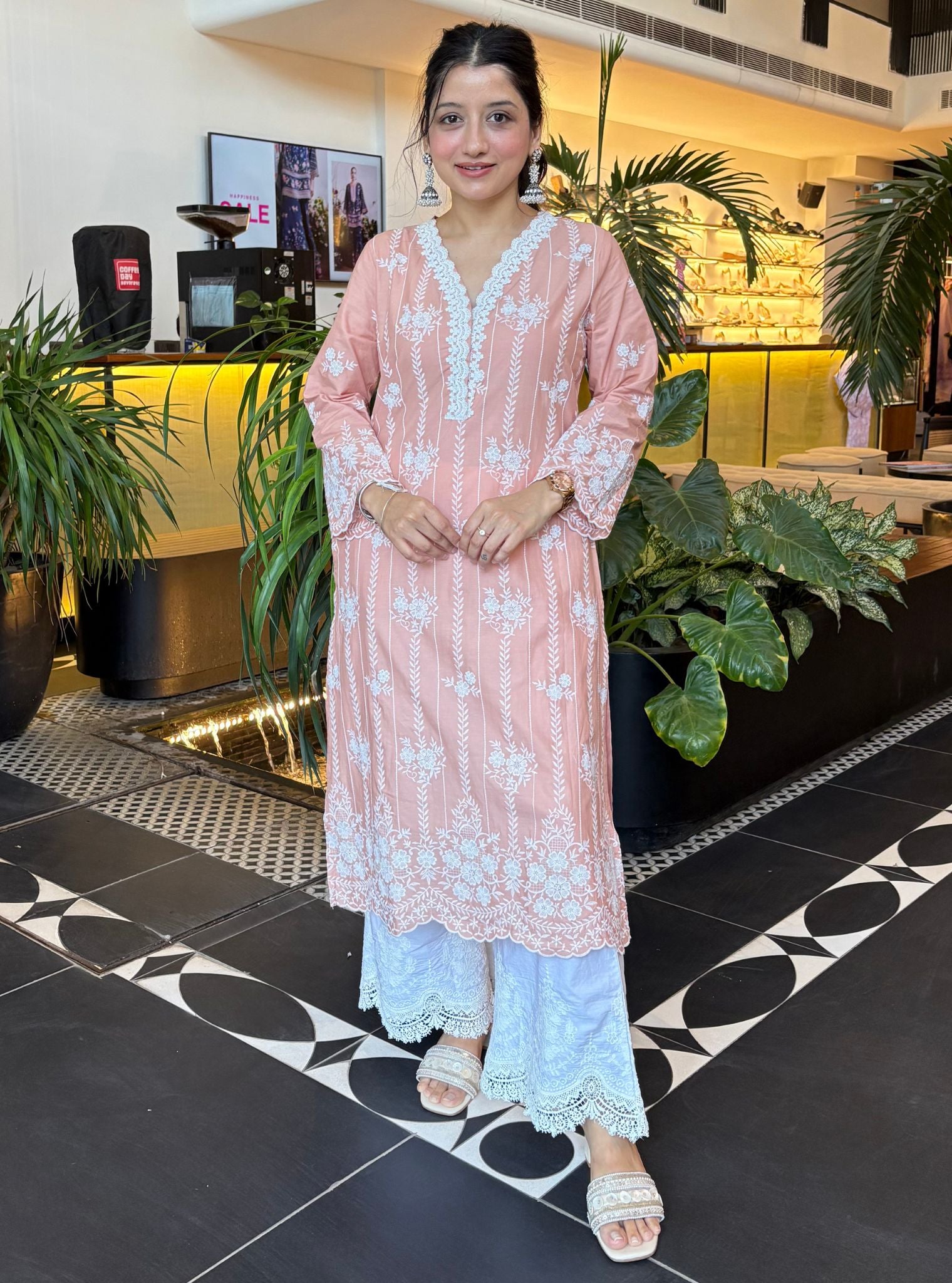 Mulmul Cotton Dhansiri Beige Kurta With Emb Bellbottom White Payajama