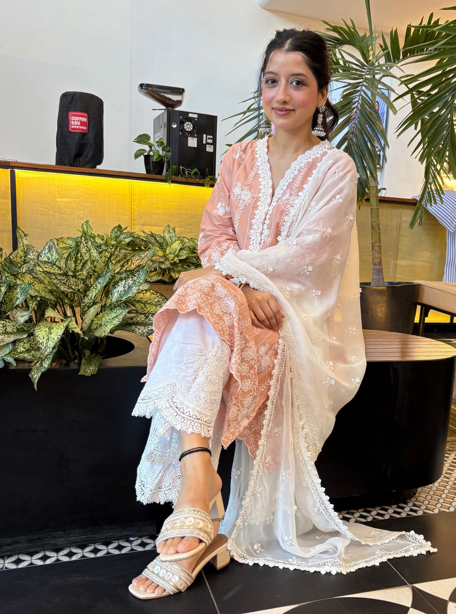 Mulmul Cotton Dhansiri Beige Kurta With Emb Bellbottom White Payajama