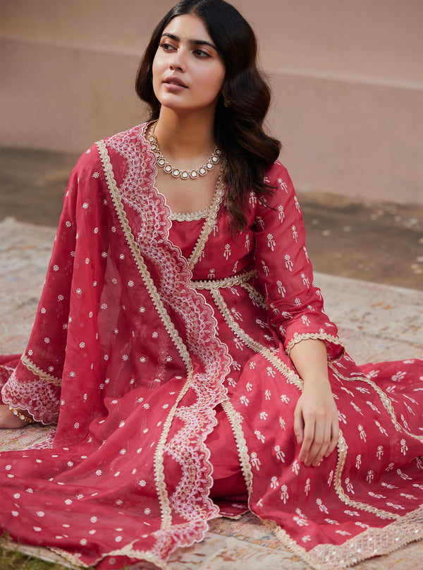 Mulmul Organza Samici Anarkali Red Kurta