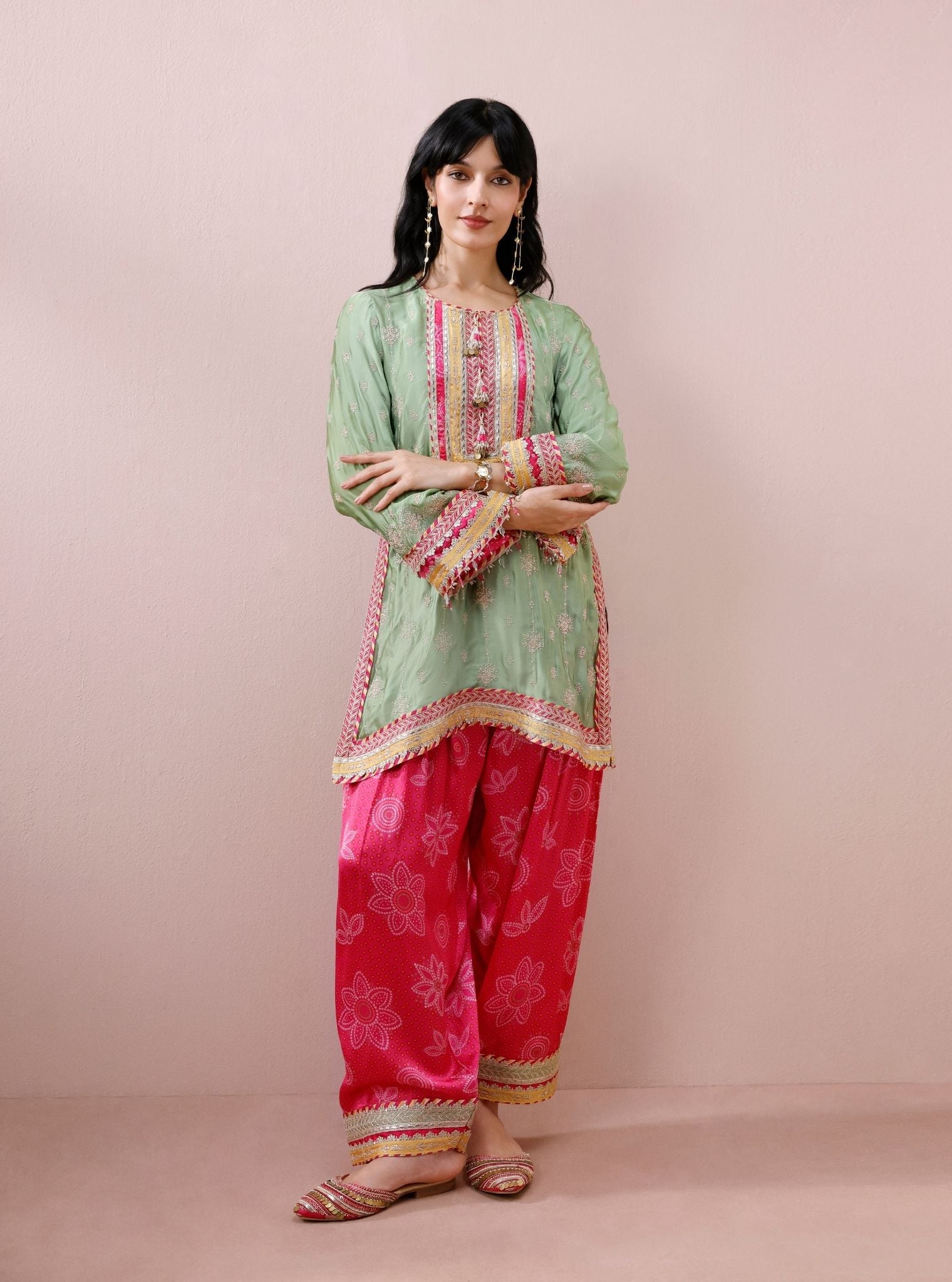 Kiva Cupro Satin Pista Green Kurta with Farshi Salwar
