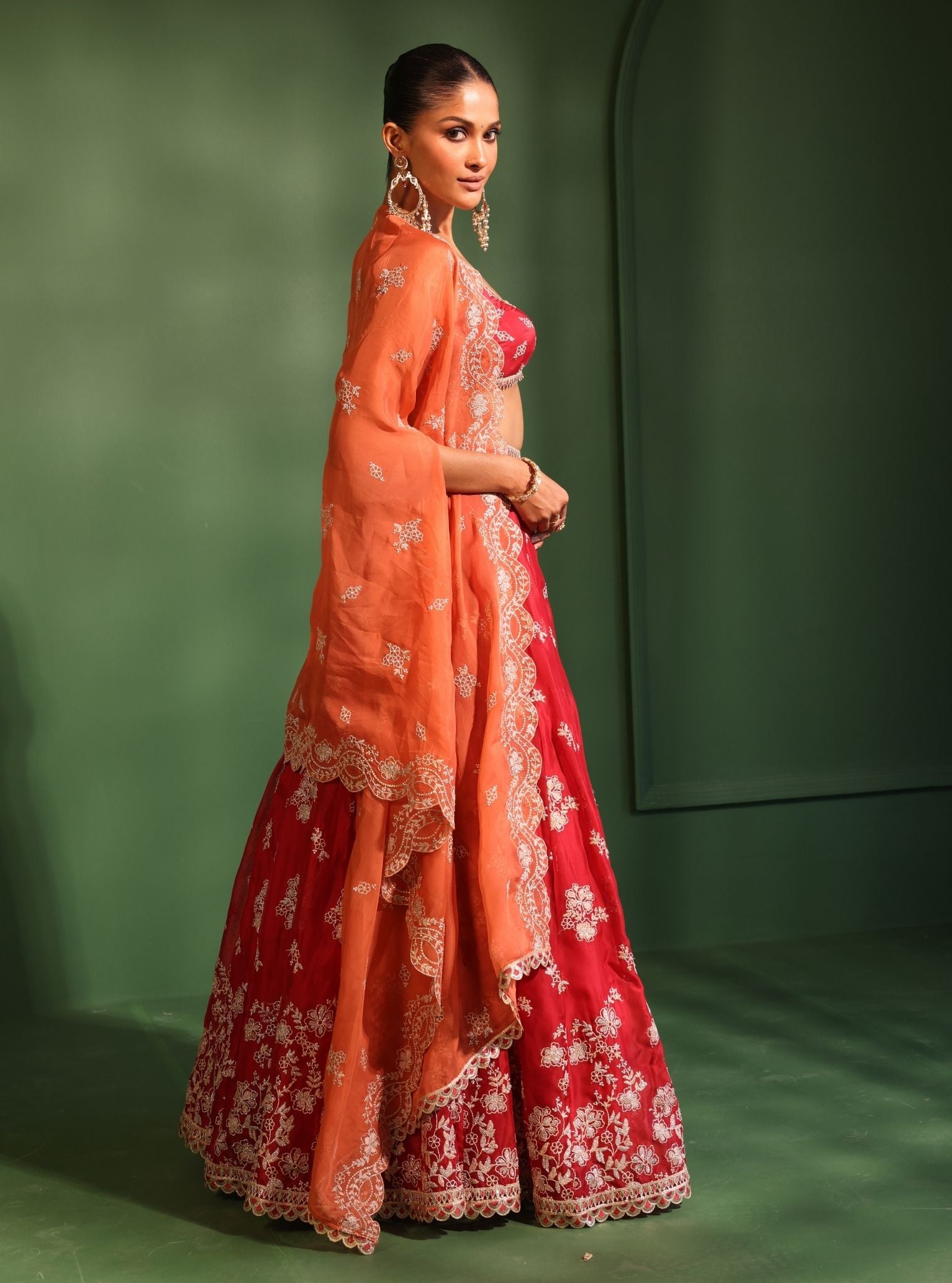 Mulmul Organza Jugnu Red Lehenga